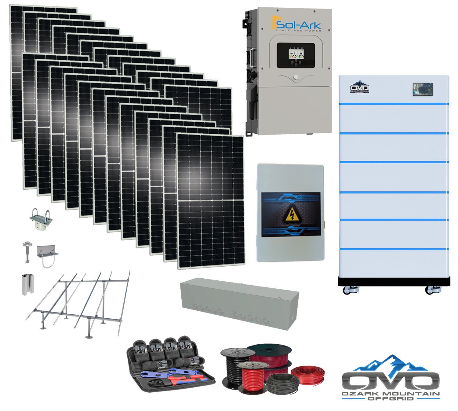 12KW Complete Offgrid Solar Kit - 15K Sol-Ark Inverter + 30.72KW OMO Stack Lithium Battery +13.2KW Solar with Ground Mount and Wiring (SC)