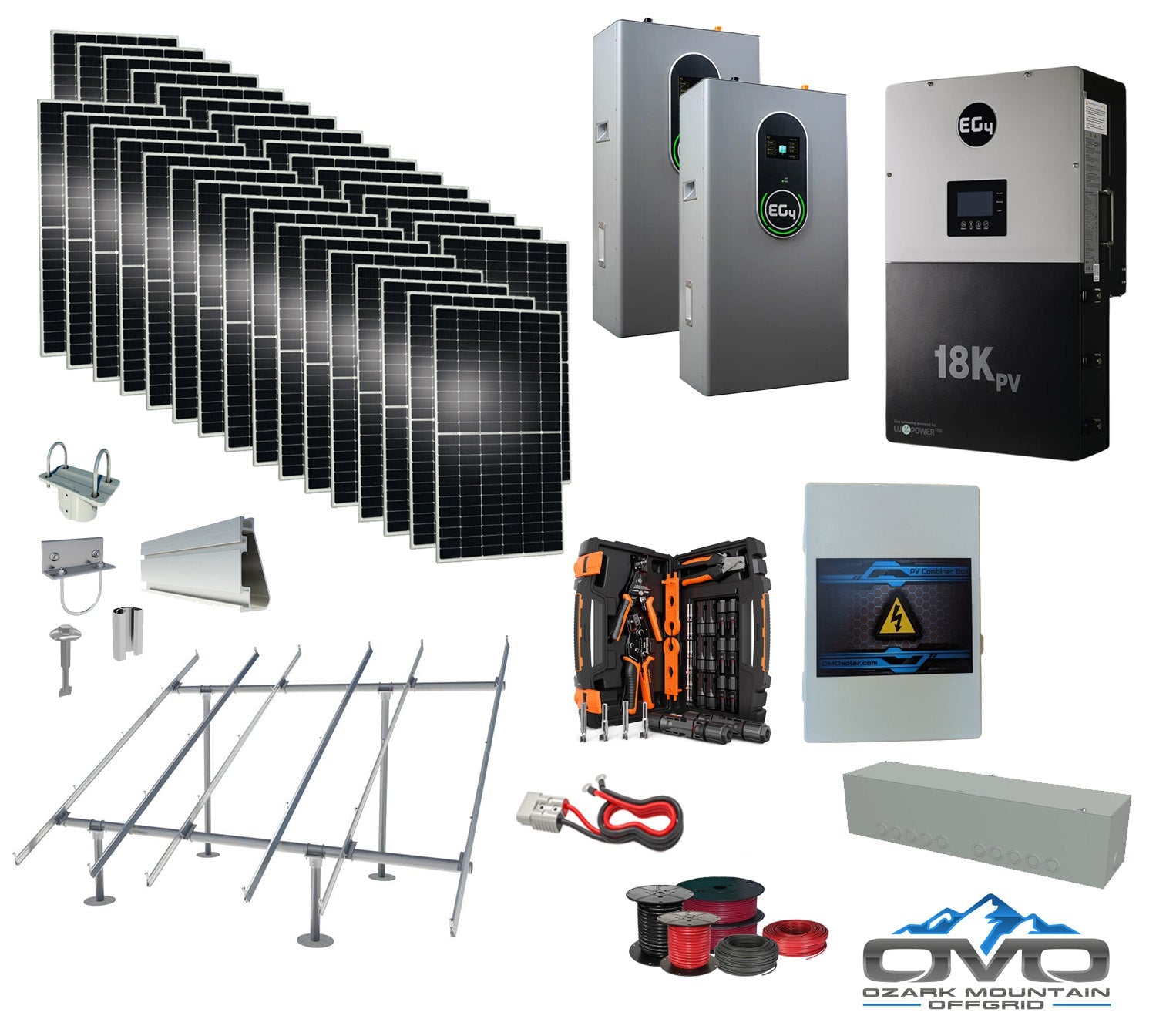 17KW Complete Offgrid Solar Kit + EG4 18kPV + 2x 14.3KW 48V EG4 Lithium Indoor Wall Battery + 17.6KW Solar with Ground Mount and Wiring (SC)