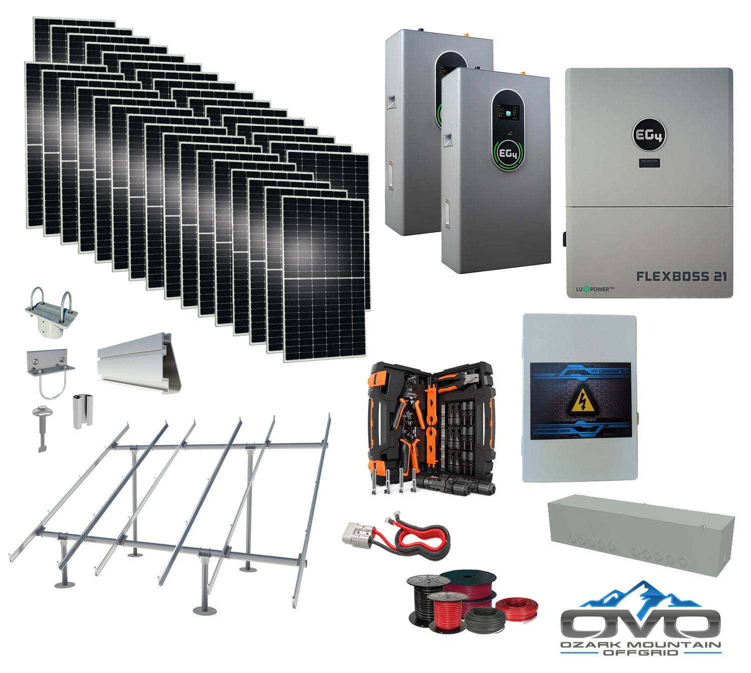 17KW Complete Offgrid Solar Kit + EG4 FlexBOSS21 + 2x 14.3KW 48V EG4 Lithium Indoor Wall Battery + 17.6KW Solar with Ground Mount and Wiring (SC)