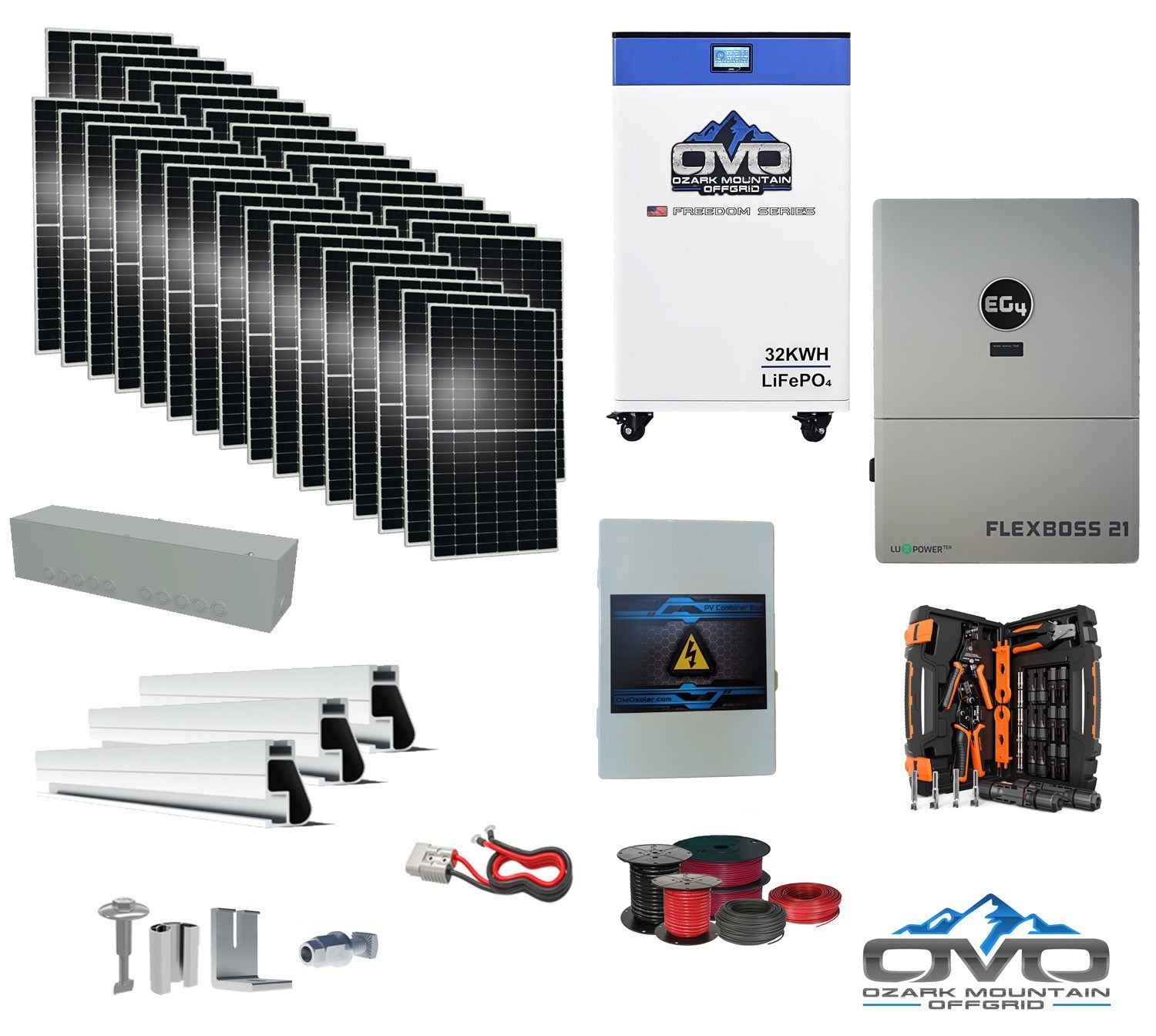 17KW Complete Offgrid Solar Kit + EG4 FlexBOSS21 + 32KW OMO 48V Freedom Series Lithium Battery + 17.6KW Solar with Roof Mounting Rails and Wiring (SC)