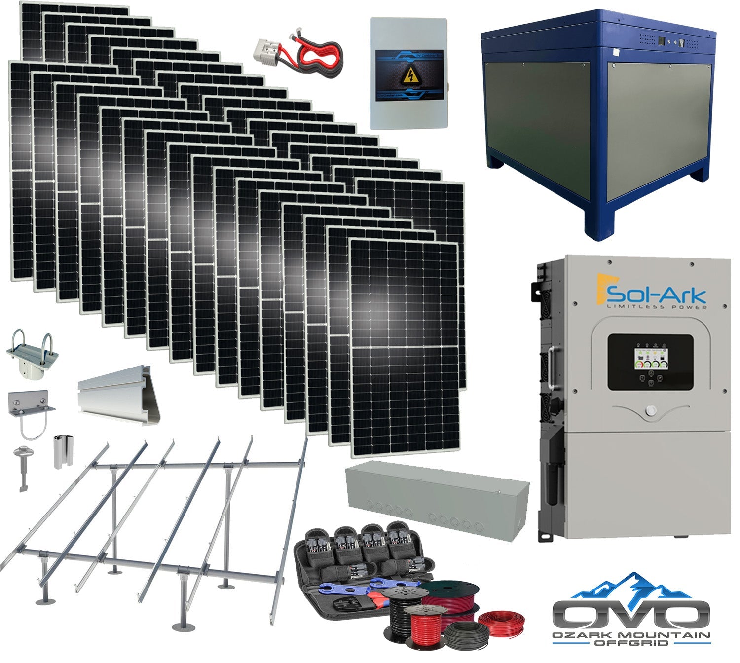 17KW Complete Offgrid Solar Kit - 62kWh Lithium Battery + 15K Sol-Ark Inverter +17.6KW Solar with Ground Mount and Wiring (SC)