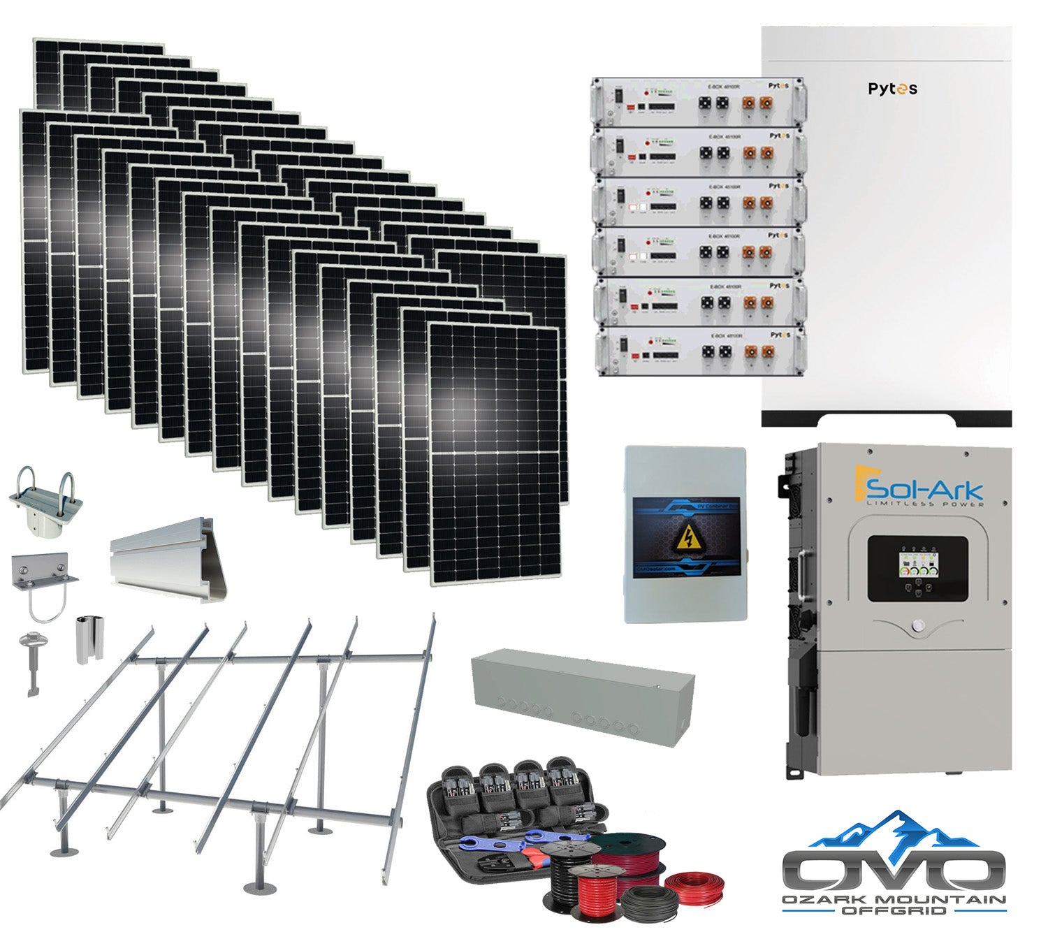 17KW Complete Offgrid Solar Kit - 30.72kWh Pytes Lithium Battery + 15K Sol-Ark Inverter +17.6KW Solar with Ground Mount and Wiring (SC)