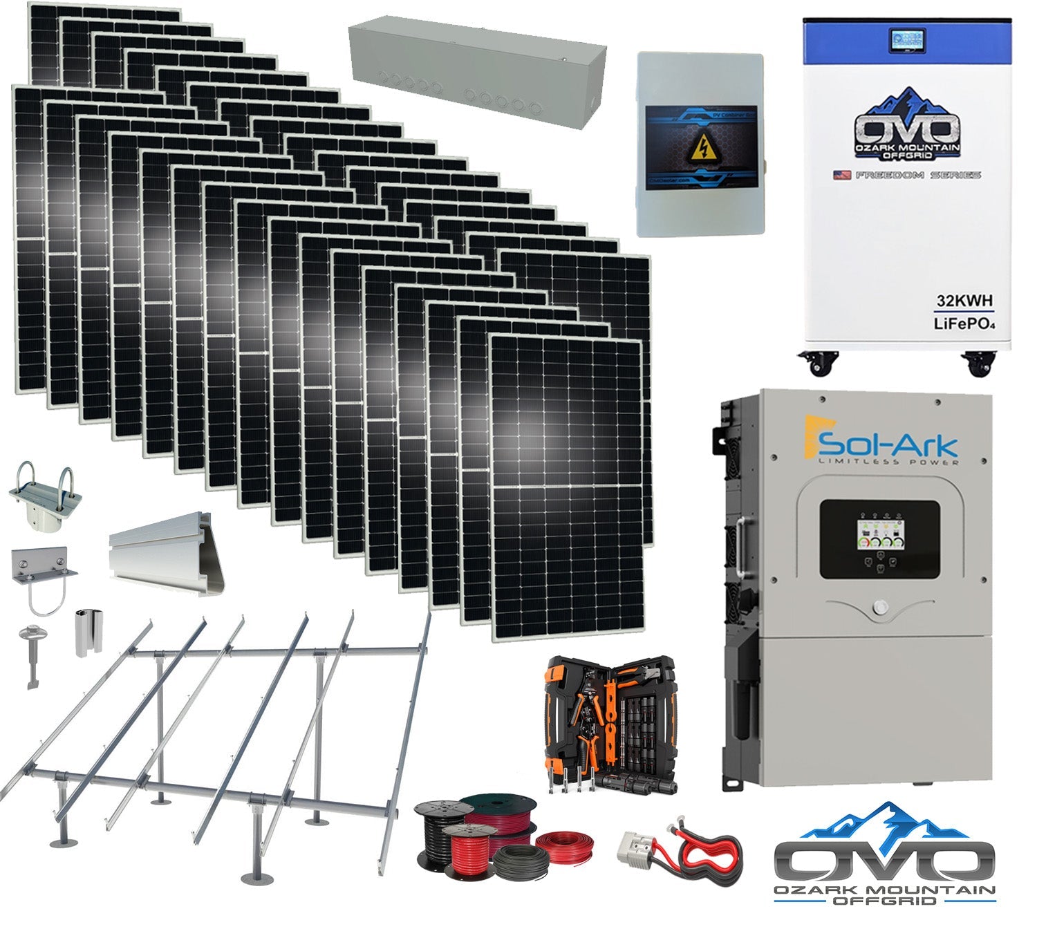 17KW Complete Offgrid Solar Kit - 32kWh OMO 48V Freedom Series Lithium Battery + 15K Sol-Ark Inverter +17.6KW Solar with Ground Mount and Wiring (SC)