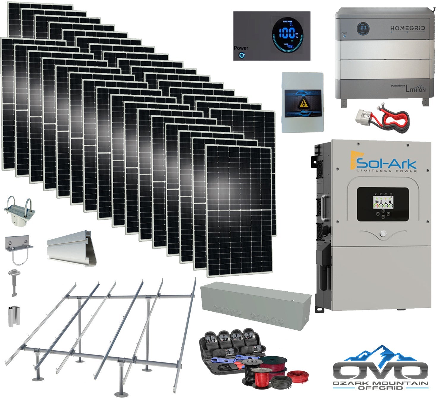 17KW Complete Offgrid Solar Kit - Homegrid 9.6kWh Lithium Battery + 15K Sol-Ark Inverter +17.6KW Solar with Ground Mount and Wiring (SC)