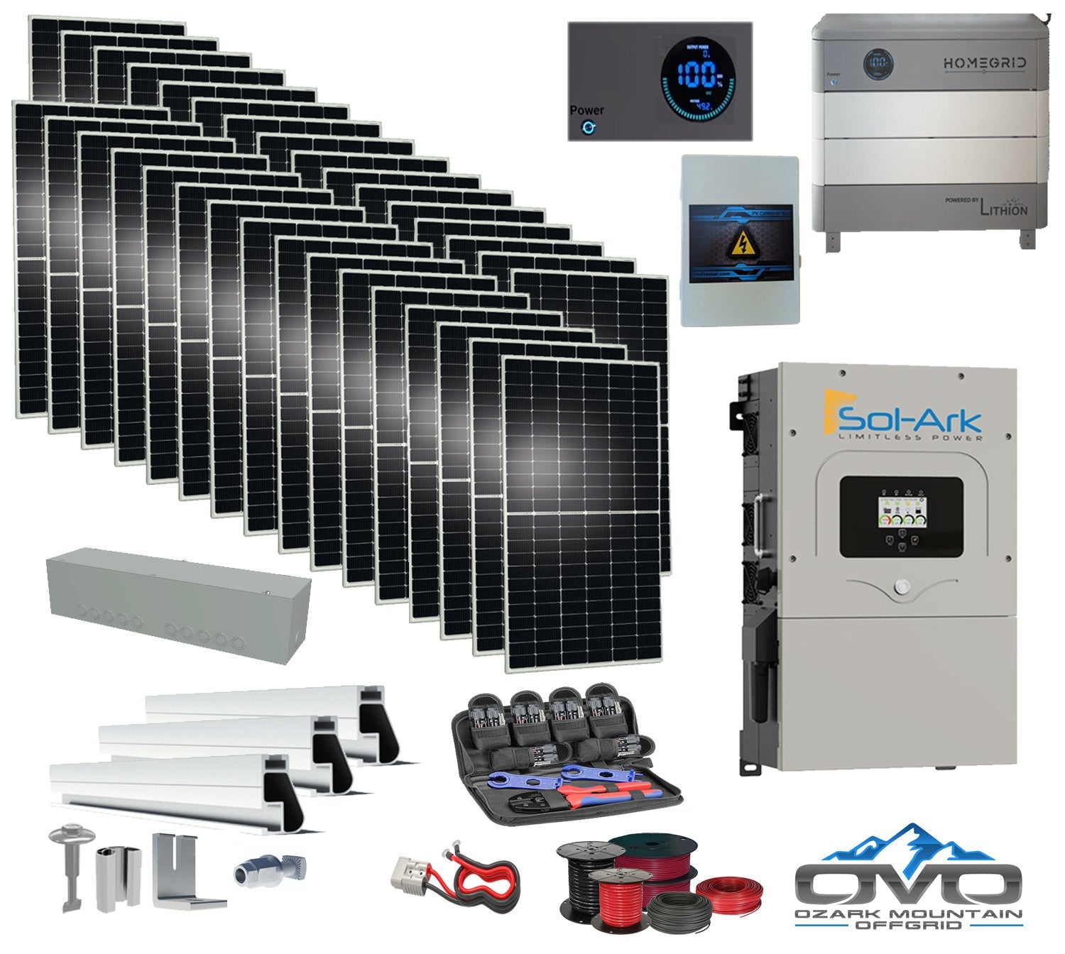 17KW Complete Offgrid Solar Kit - 9.6kWh Lithium Battery + 15K Sol-Ark Inverter +17.6KW Solar with Mounting Rails and Wiring (SC)