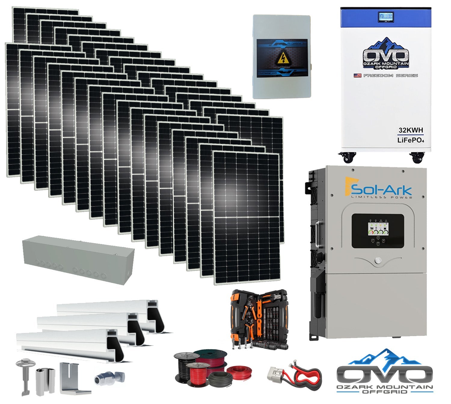 17KW Complete Offgrid Solar Kit - 32kWh OMO 48V Freedom Series Lithium Battery + 15K Sol-Ark Inverter + 17.6KW Solar with Mounting Rails and Wiring (SC)