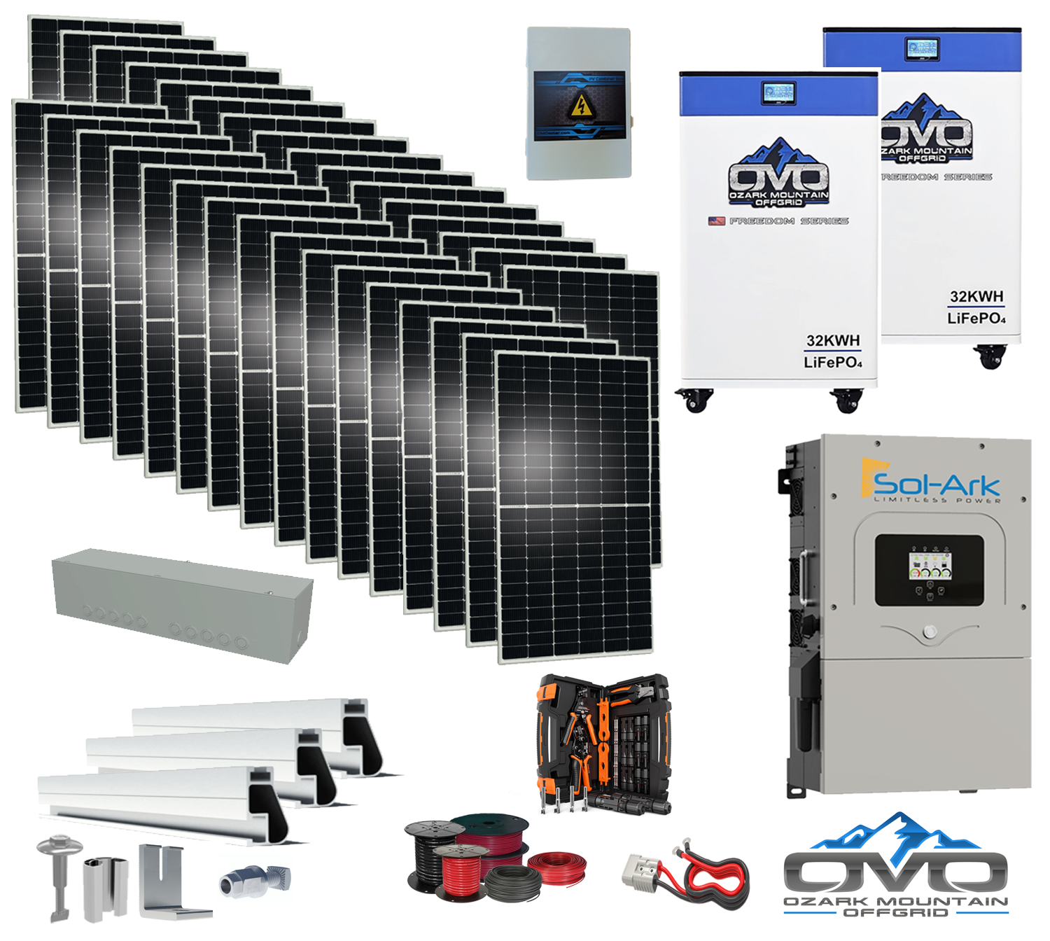 17KW Complete Offgrid Solar Kit - 2x 32kWh OMO 48V Freedom Series Lithium Battery + 15K Sol-Ark Inverter + 17.6KW Solar with Roof Mount and Wiring (SC)