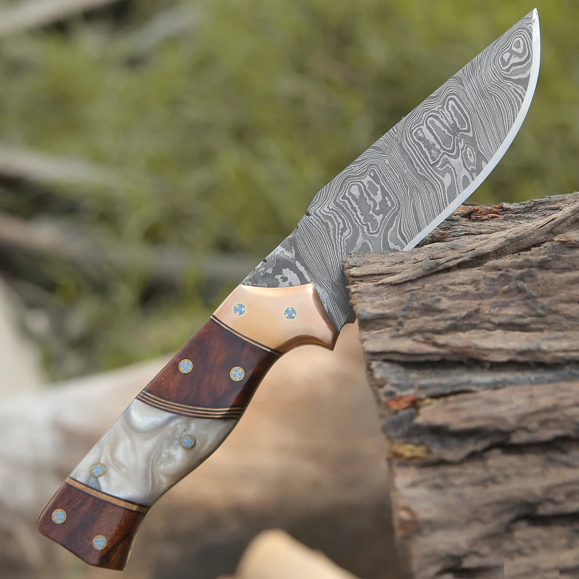 Custom Handmade Damascus Steel Hunting Knife with Epoxy Pearl Resin Handle, Leather Sheath and Rosewood & Brass Bolster by KBS Knives Store (SC)