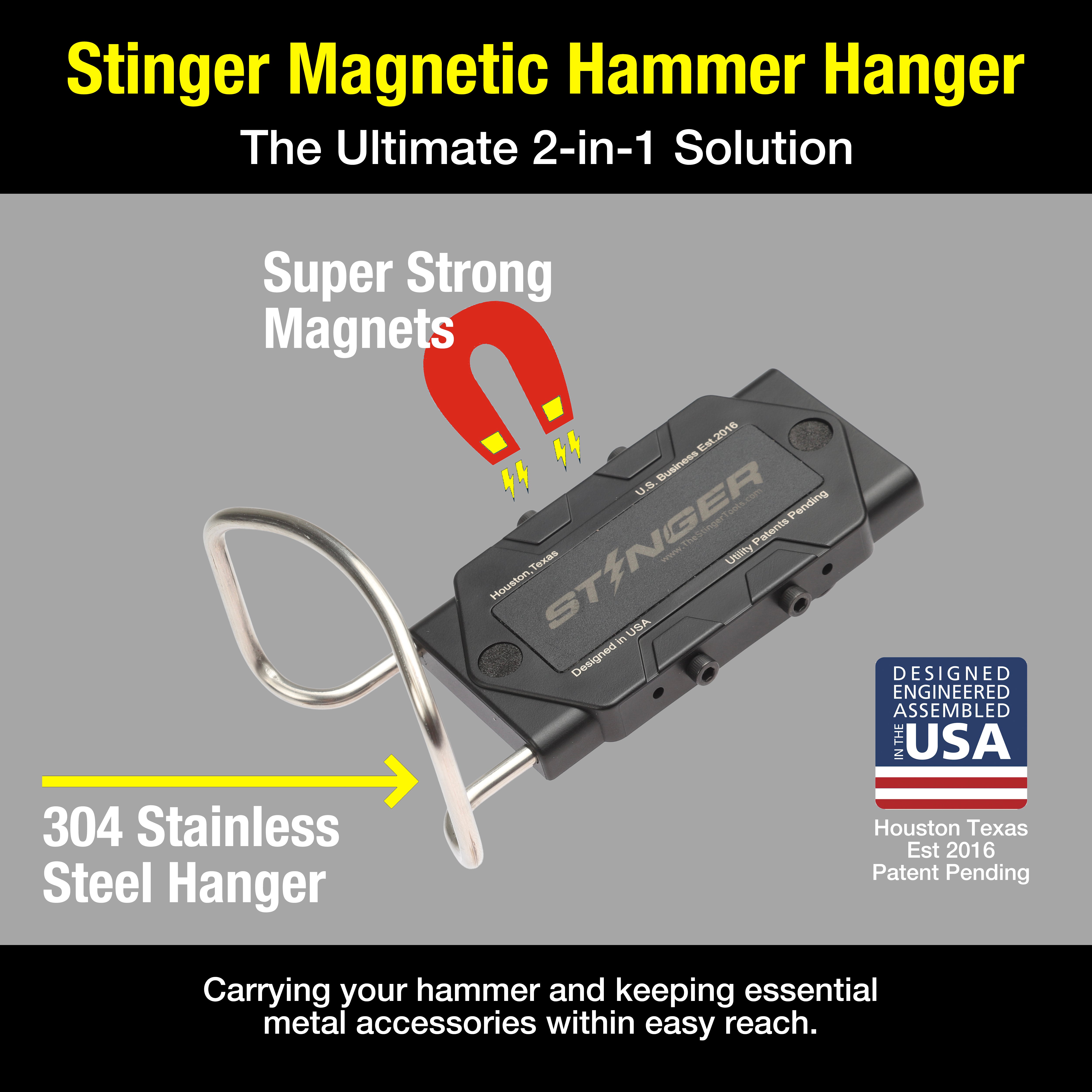 STINGER Magnetic Hammer Holder for Belt – Heavy-Duty Clip with Tool Organizer & Magnetic Storage for Nails, Screws & Bits – Hands-Free Holster for Carpenters & DIY (SC)