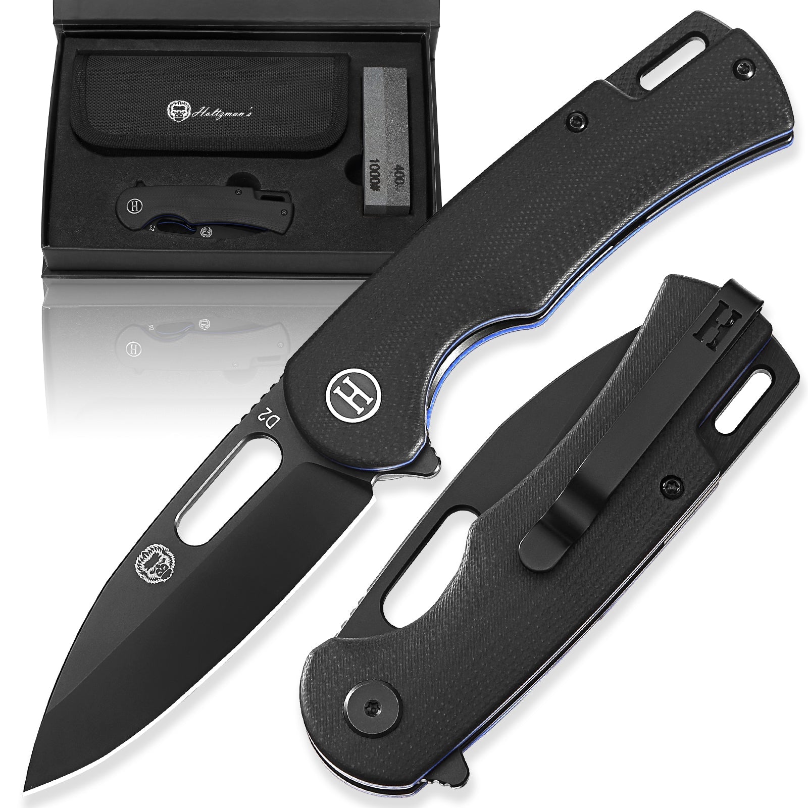 The Venture Point Folding Pocket Knife Giftset for Men and Women (Black and Blue) (SC)