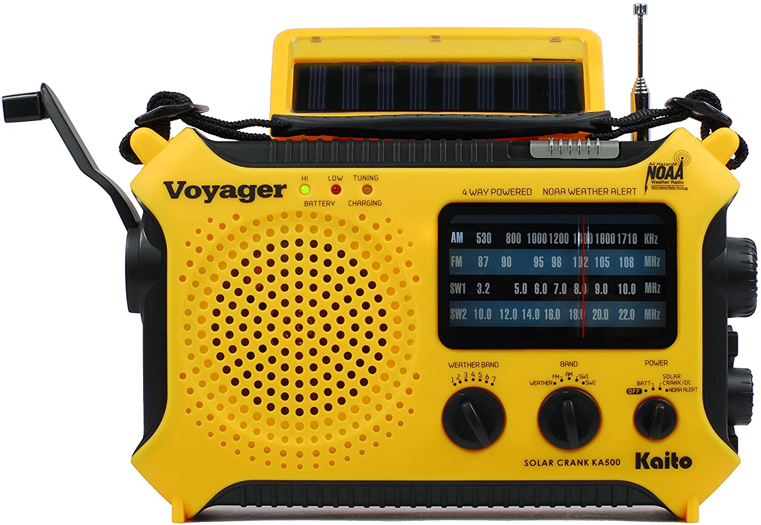 Kaito KA500 Voyager Solar Crank Emergency Weather Alert Radio with Adapter, Yellow (SC)