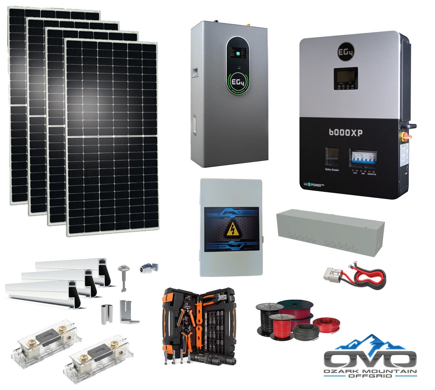 2.2KW Complete Offgrid Solar Kit + 6K EG4 6000XP Inverter + 14.3KW 48V EG4 Lithium Indoor Wall Battery + 2.2KW Solar with Roof Mounting Rails and Wiring (SC)