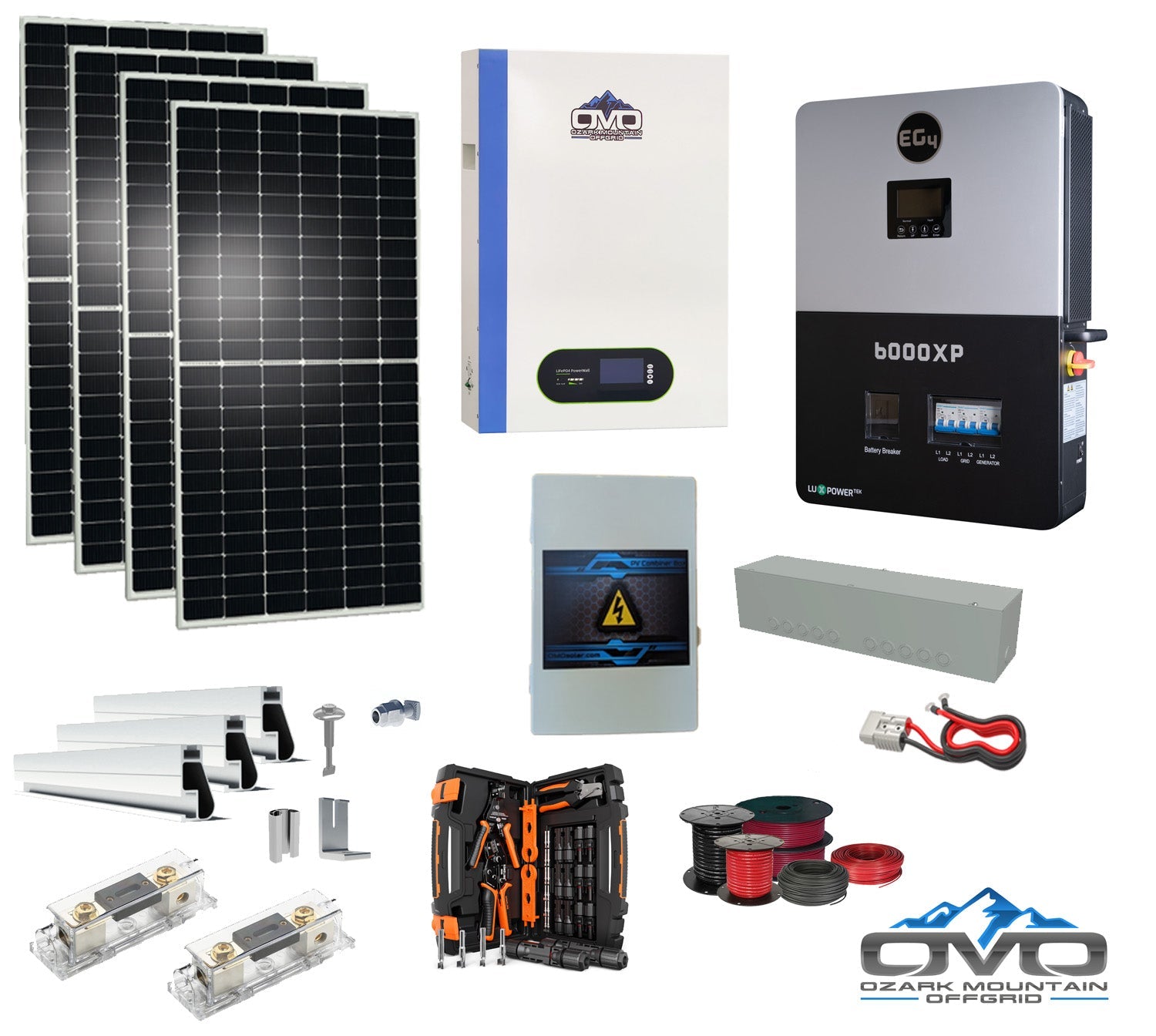 2.2KW Complete Offgrid Solar Kit + 6K EG4 6000XP Inverter + 5.12KW OMO 48V Patriot Lithium Battery + 2.2KW Solar with Roof Mounting Rails and Wiring (SC)