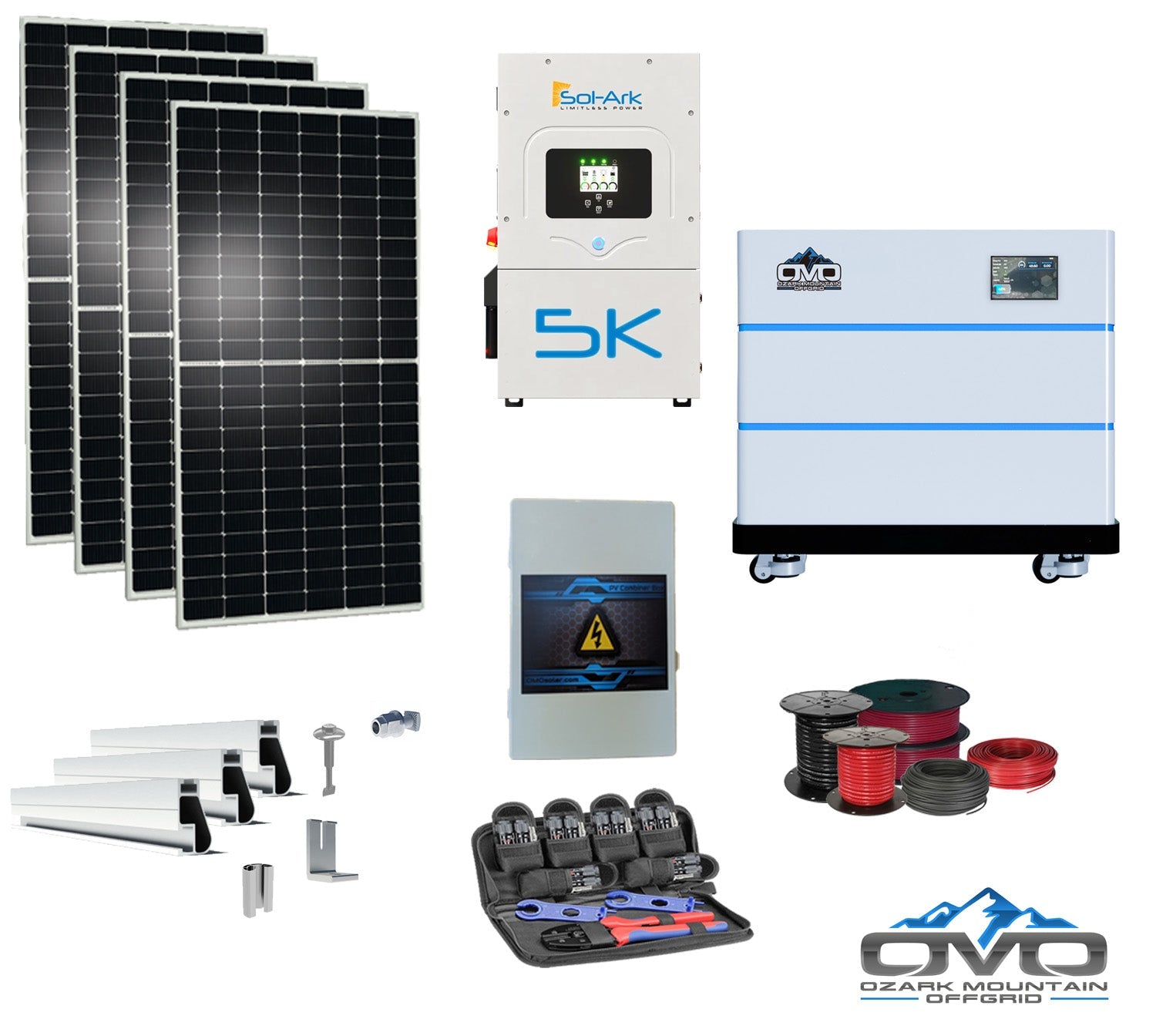 2.2KW Complete Offgrid Solar Kit + 5K Sol-Ark Inverter + 10.24KW OMO Stack Lithium Battery +2.2KW Solar with Mounting Rails and Wiring (SC)