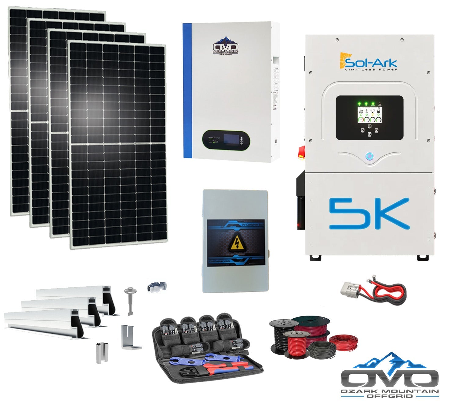 2.2KW Complete Offgrid Solar Kit + 5K Sol-Ark Inverter + 5.12KW OMO 48V Patriot Lithium Battery + 2.2KW Solar with Roof Mounting Rails and Wiring (SC)