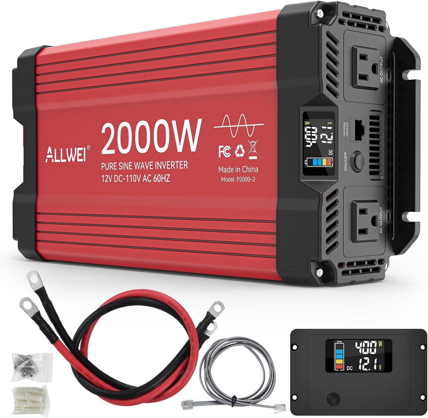 ALLWEI 2000W Pure Sine Wave Inverter - 12V DC to 110V AC Power Converter (SC)