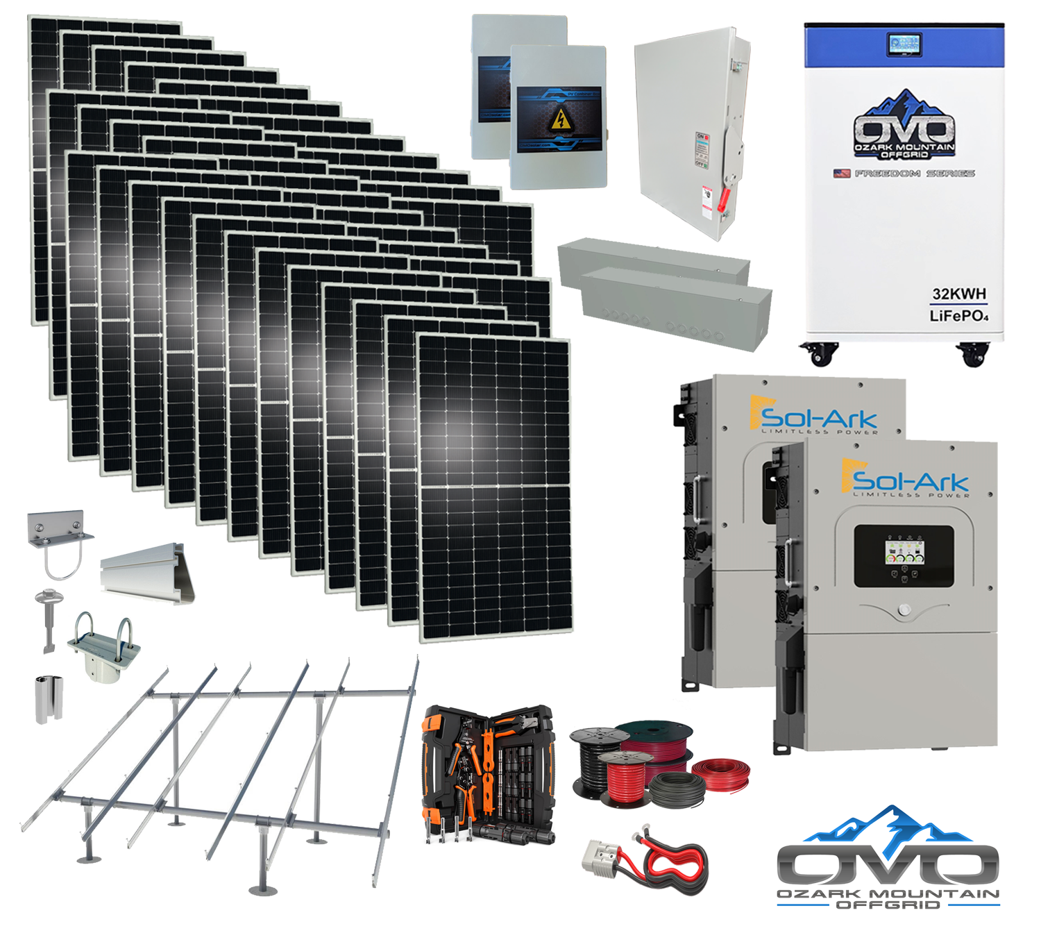 20KW Complete Offgrid Solar Kit - 32kWh OMO 48V Freedom Series Lithium Battery + 2x 15K Sol-Ark Inverter +19.8KW Solar with Ground Mount and Wiring (SC)