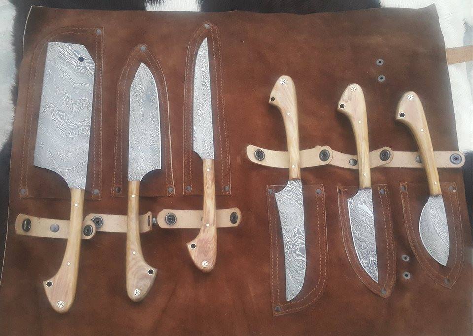 Wild Game Processors – 6-Piece Damascus Steel Knife Set with Buffalo Horn Handles (SC)