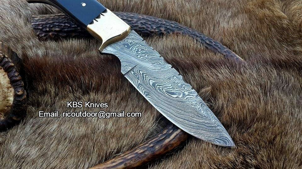 Custom Handmade 9-Inch Damascus Fixed-Blade Hunting Knife with Buffalo Horn Handle | KBS Knives Store (SC)