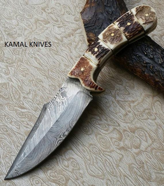 Custom Handmade Damascus Hunters Knife with Leather Sheath (SC)