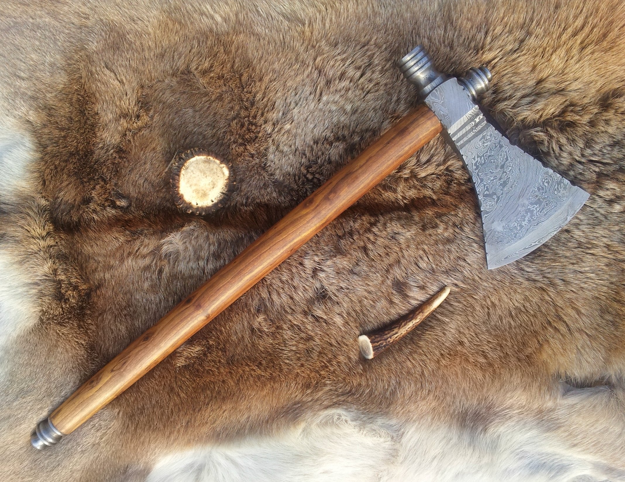 Damascus Steel Handmade Custom Viking Smoke Pine Tomahawk Axe with Rosewood Handle and Leather Sheath - By KBS Knives Store (SC)