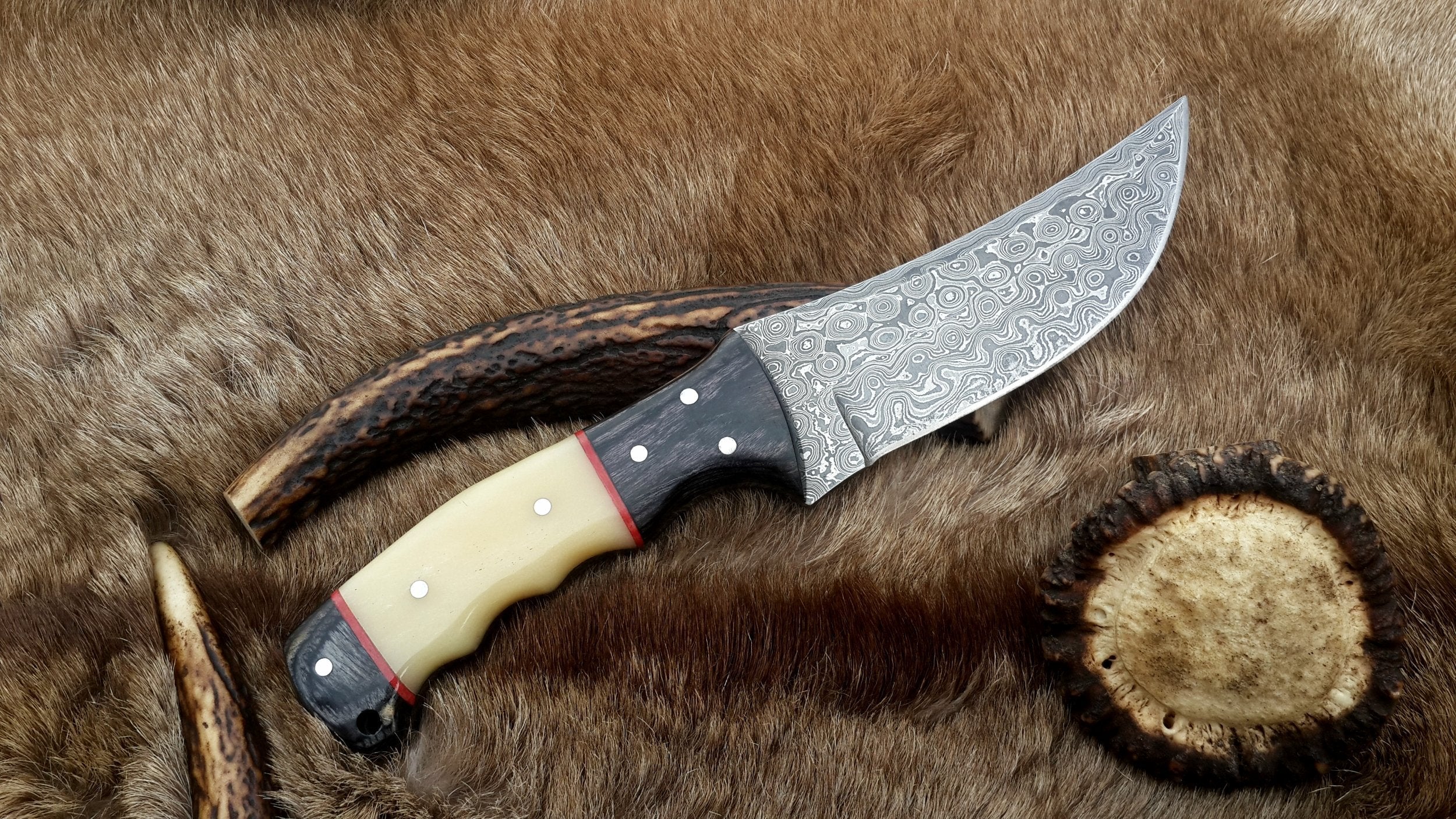 The Master Hunter: Custom Handmade Damascus Steel Fixed-Blade Hunting Knife | Camel Bone & Exotic Wood | 10 Inches | KBS Knives (SC)
