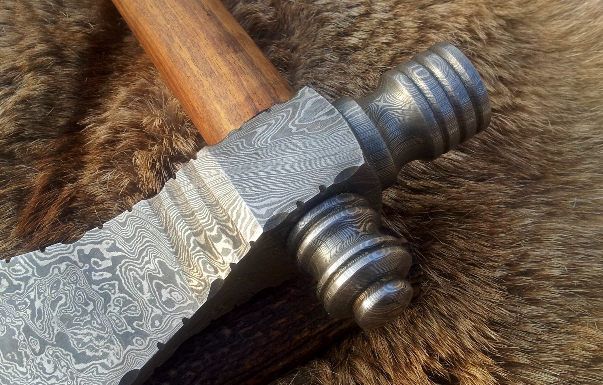 Damascus Steel Handmade Custom Viking Smoke Pine Tomahawk Axe with Rosewood Handle and Leather Sheath - By KBS Knives Store (SC)