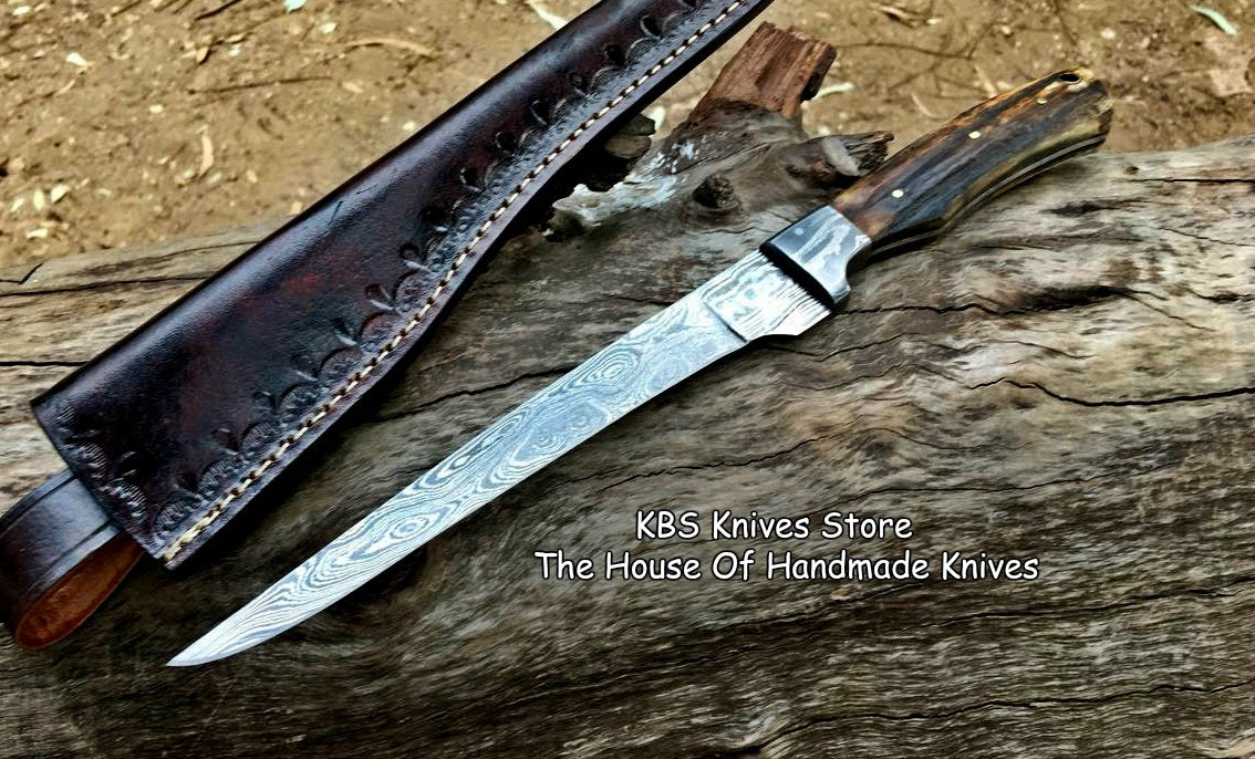 KBS Knives Store Handmade Damascus Steel Fillet Boning Knife with Antler Horn and Damascus Bolster Handle and Leather Sheath (SC)