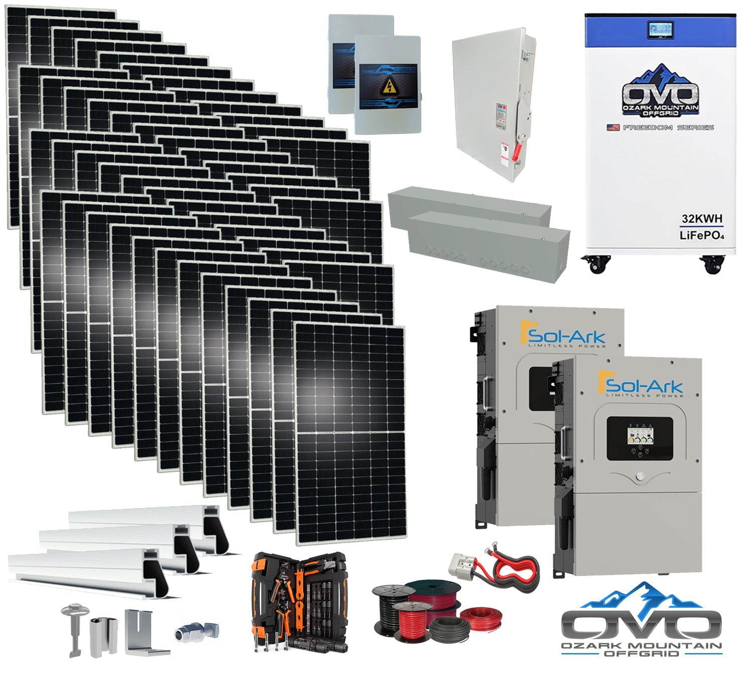 25KW Complete Offgrid Solar Kit - 32kWh OMO 48V Freedom Series Lithium Battery + 2x 15K Sol-Ark Inverter +26.4KW Solar with Mounting Rails and Wiring (SC)
