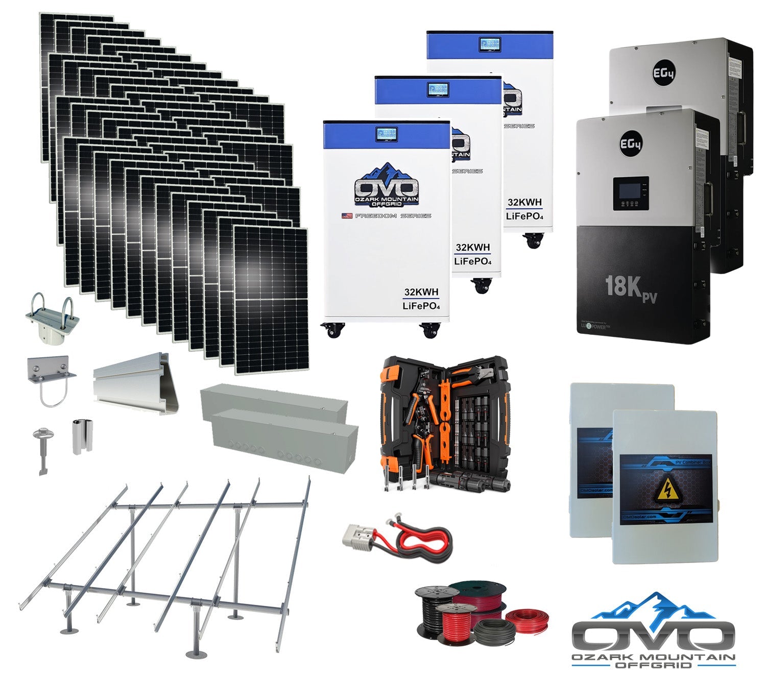 25KW Complete Offgrid Solar Kit + EG4 18kPV + 3x 32KW OMO 48V Freedom Series Lithium Battery + 26.4KW Solar with Ground Mount and Wiring (SC)