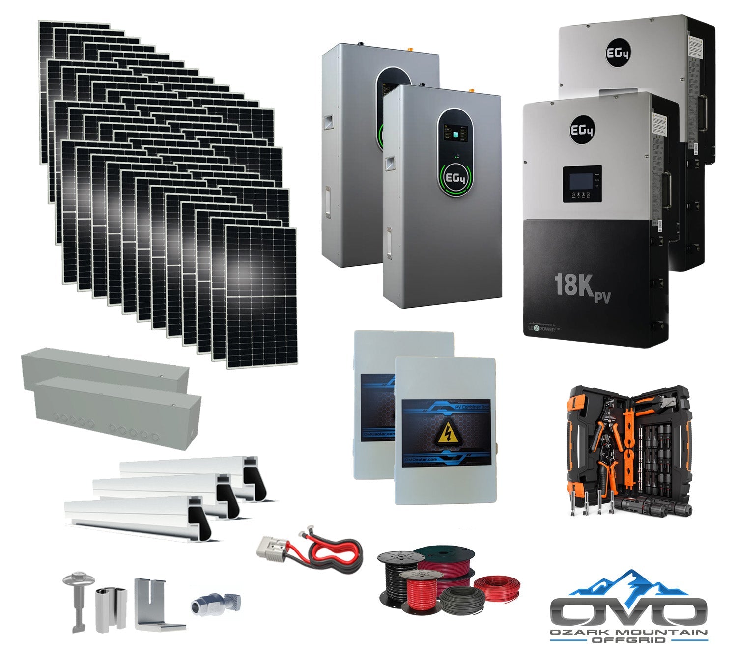 25KW Complete Offgrid Solar Kit + EG4 18kPV + 2x 14.3KW 48V EG4 Lithium Indoor Wall Battery + 26.4KW Solar with Roof Mounting Rails and Wiring (SC)