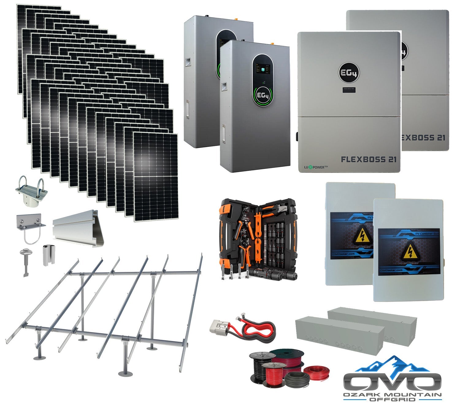 25KW Complete Offgrid Solar Kit + EG4 FlexBOSS21 +  2x 14.3KW 48V EG4 Lithium Indoor Wall Battery + 26.4KW Solar with Ground Mount and Wiring (SC)