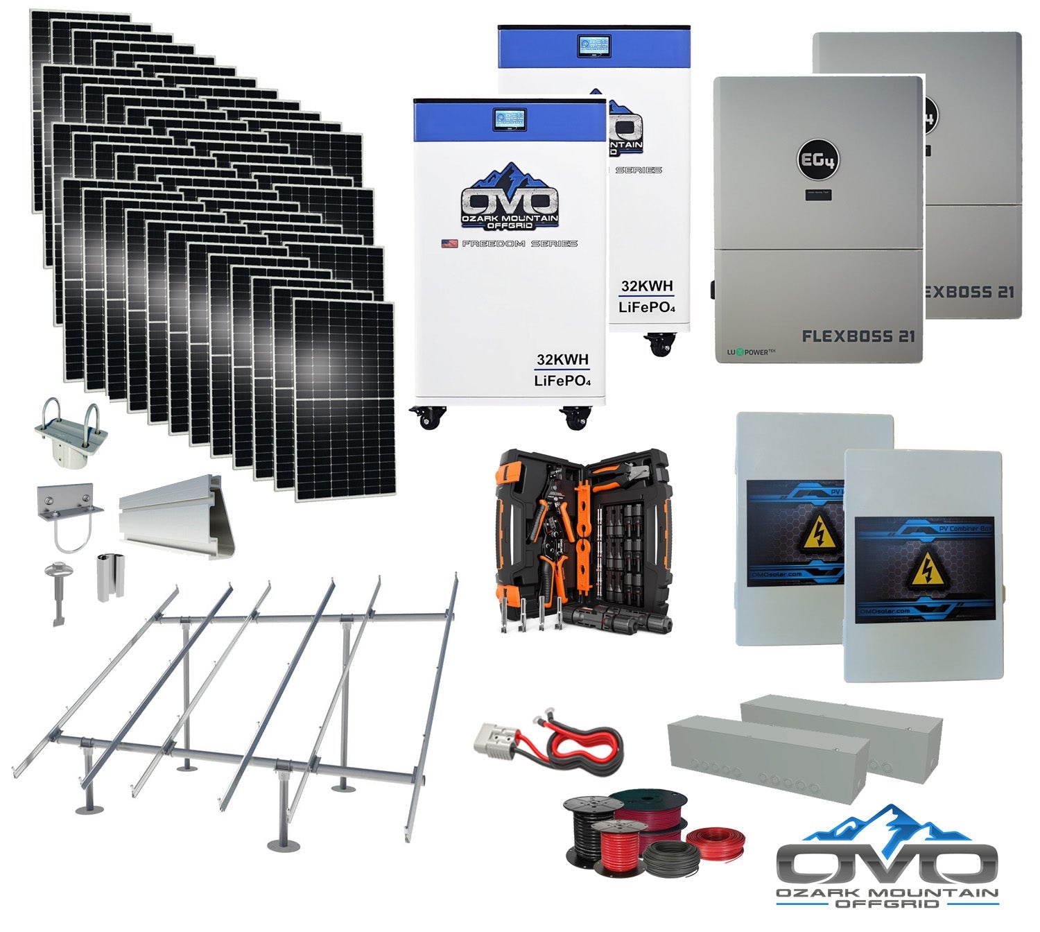 25KW Complete Offgrid Solar Kit + EG4 FlexBOSS21 + 2x 32KW OMO 48V Freedom Series Lithium Battery + 26.4KW Solar with Ground Mount and Wiring (SC)