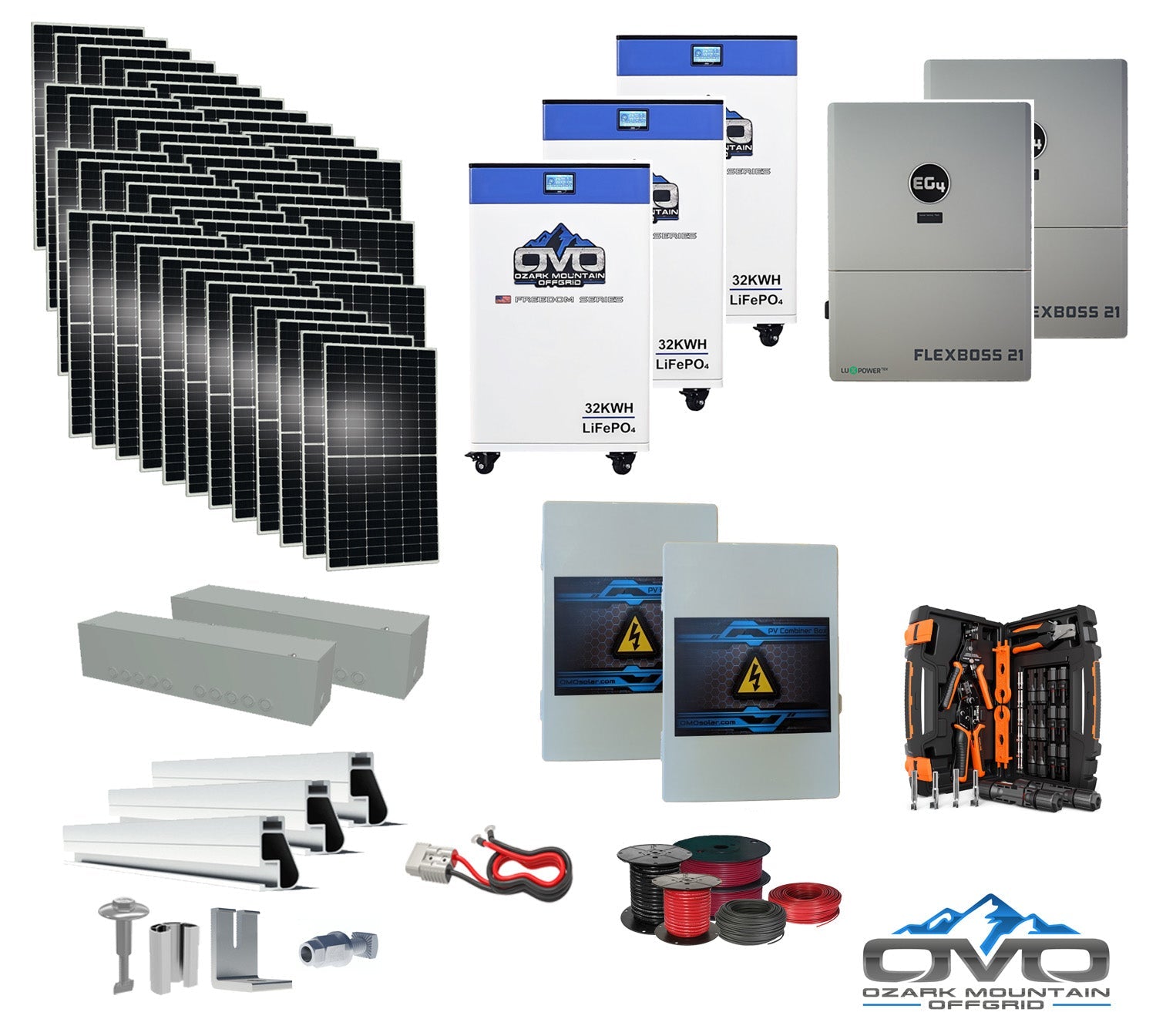 25KW Complete Offgrid Solar Kit + EG4 FlexBOSS21 + 3x 32KW OMO 48V Freedom Series Lithium Battery + 26.4KW Solar with Roof Mounting Rails and Wiring (SC)
