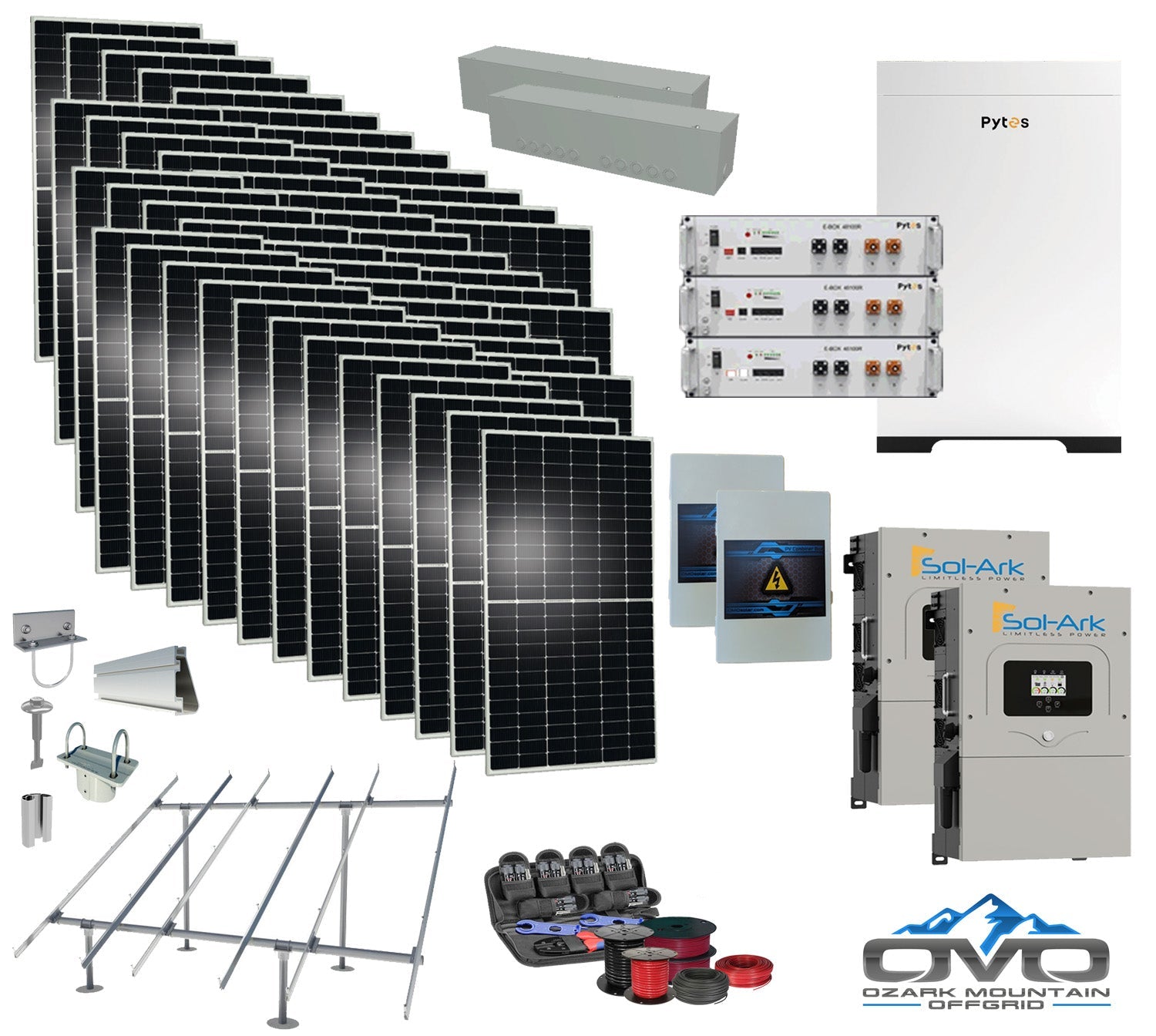 25KW Complete Offgrid Solar Kit - 15.36kWh Pytes Lithium Battery + 2x15K Sol-Ark Inverter +26.4KW Solar with Ground Mount and Wiring (SC)