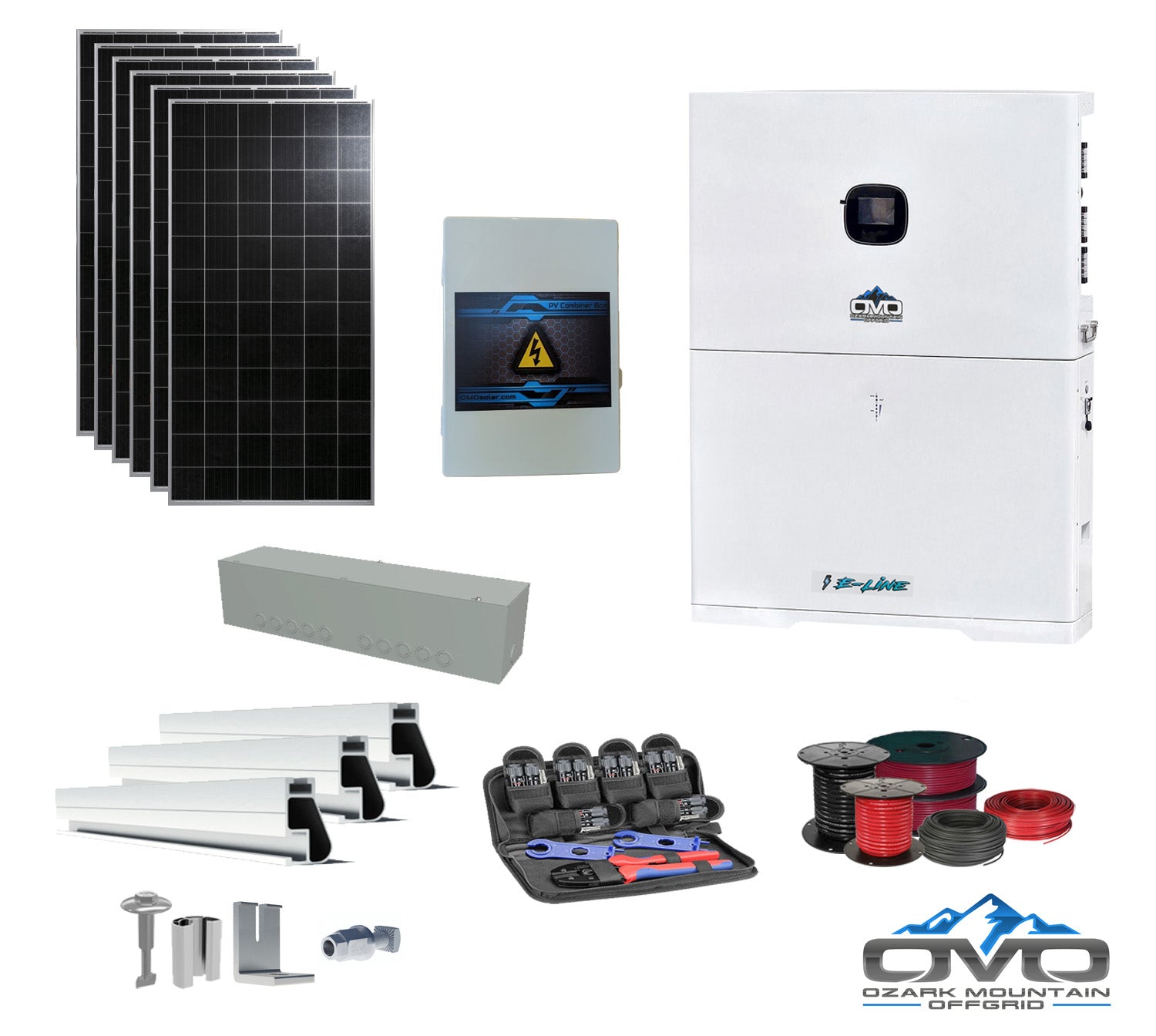 2.28KW Complete Offgrid Solar Kit + 10K 120V/240V OMO E-Line Inverter + 10.24KW OMO E-Line Lithium Battery +2.28KW Solar with Roof Mounting Rails and Wiring (SC)
