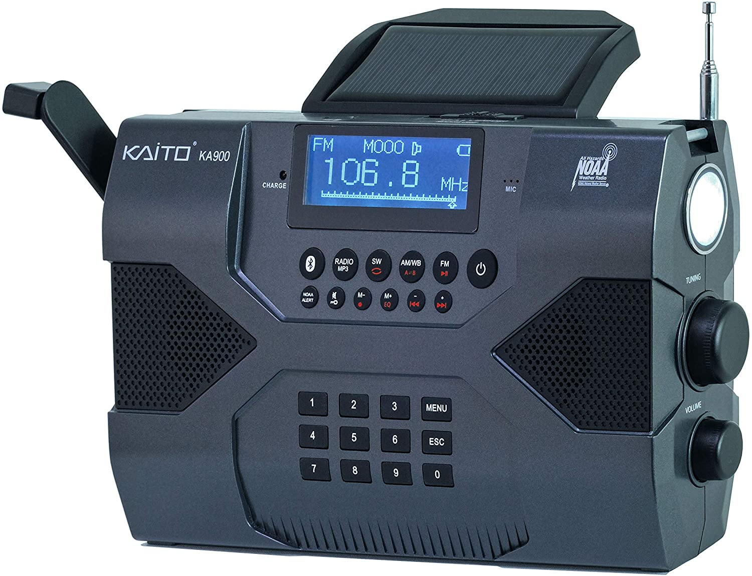 Kaito Emergency Radio Voyager Max KA900 Digital Solar Dynamo Crank AM/FM/SW & NOAA Weather Stereo Radio Receiver with Bluetooth, Real-time Alert, MP3 Player, Recorder & Phone Charger (SC)