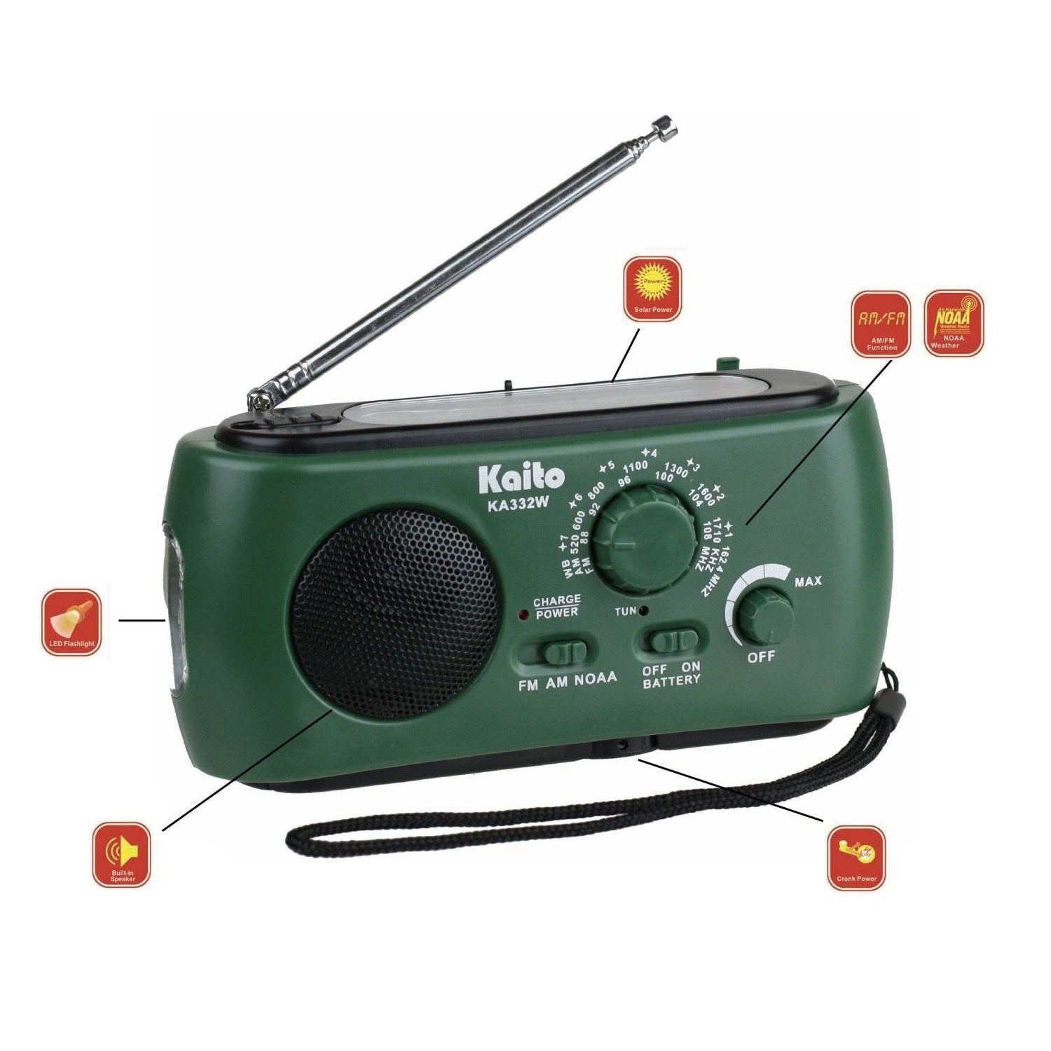 Kaito KA332W Portable Hand Crank Solar AM/FM NOAA Weather Radio Green (SC)