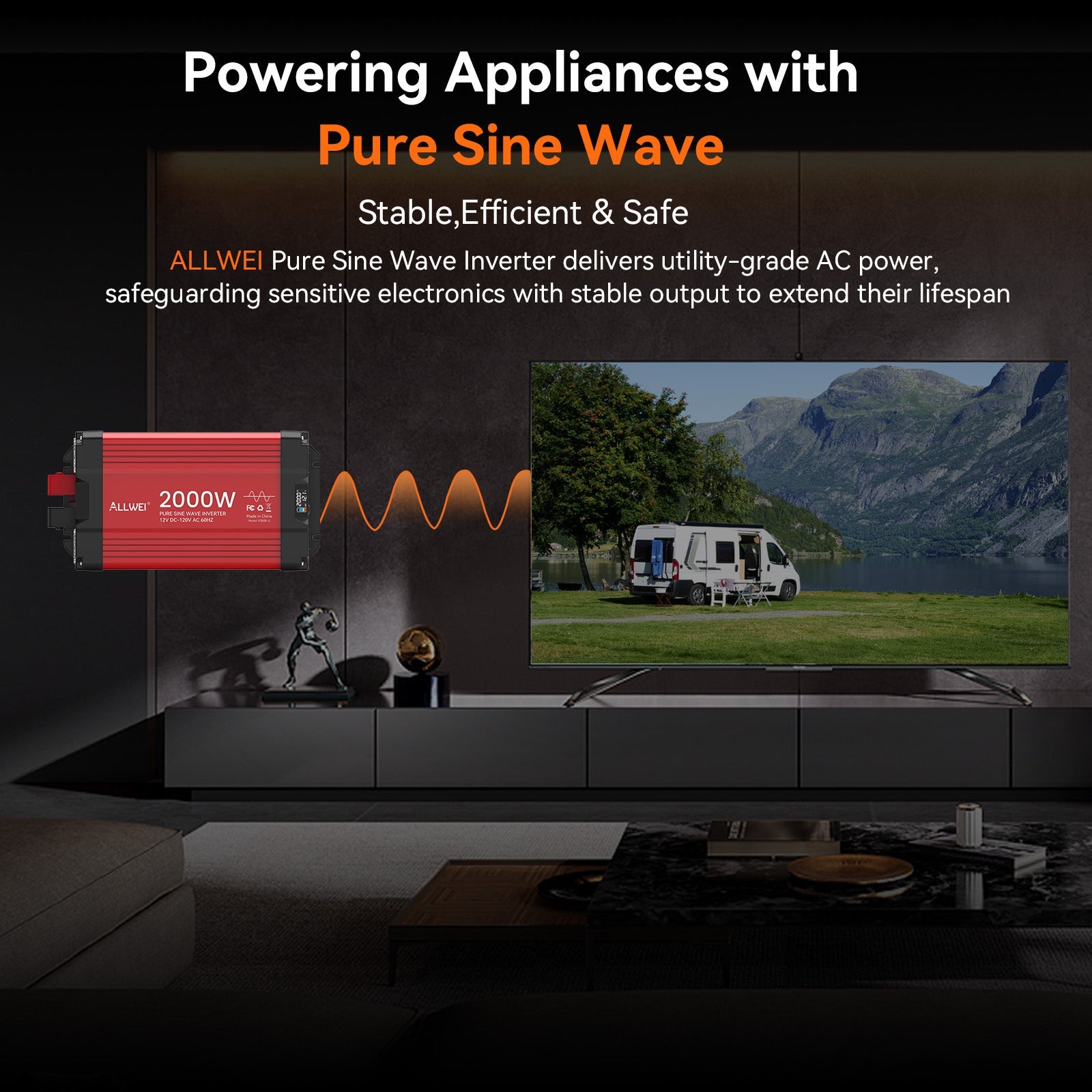 ALLWEI 2000W Pure Sine Wave Inverter - 12V DC to 120V AC Power Converter