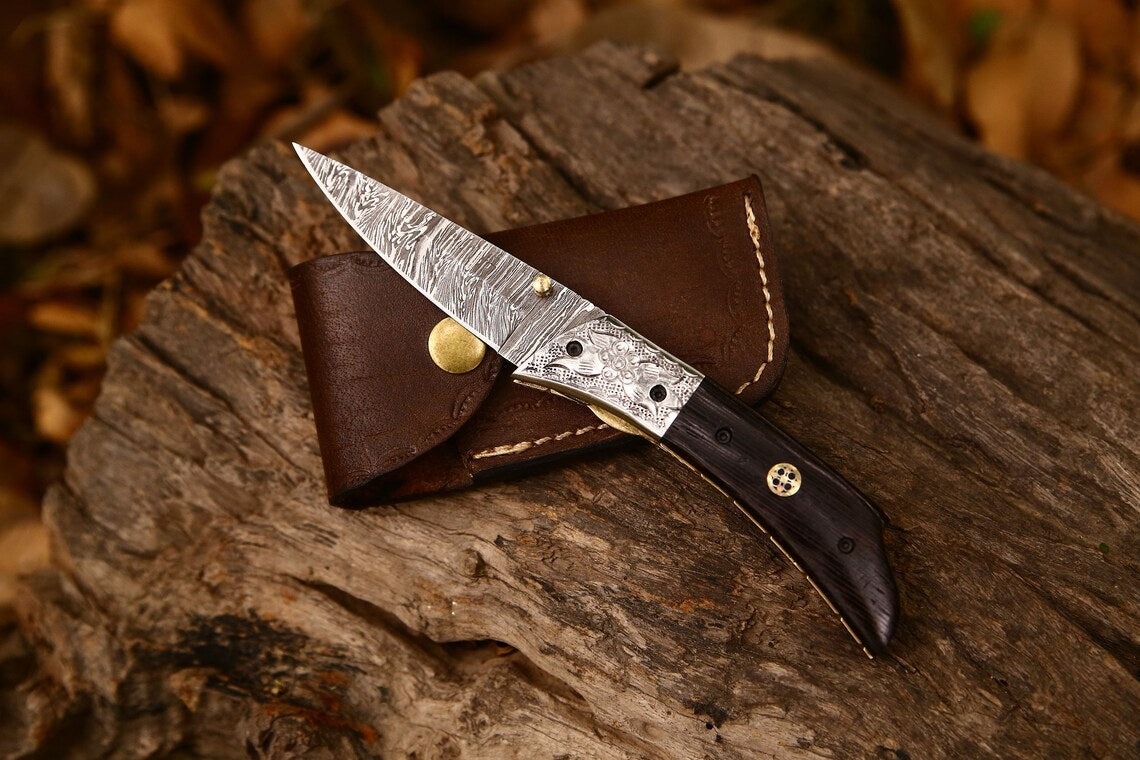 Hand Engraved Custom Damascus Steel EDC Folding Pocket Knife | 3-Inch Blade, Wenge Wood Handle, Leather Case | Anniversary Gift Idea (SC)