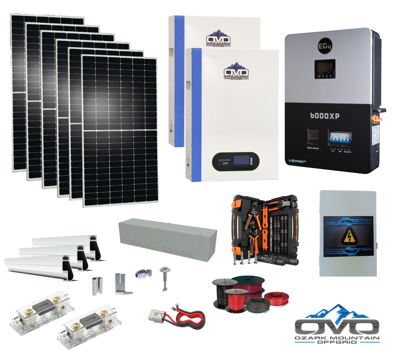 3.3KW Complete Offgrid Solar Kit + 6K EG4 6000XP Inverter + 2x 5.12KW OMO 48V Patriot Lithium Battery + 3.3KW Solar with Roof Mounting Rails and Wiring (SC)