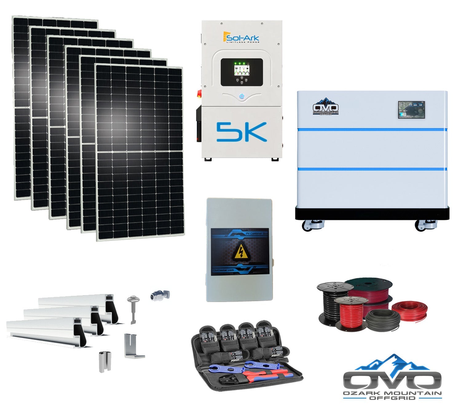 3.3KW Complete Offgrid Solar Kit + 5K Sol-Ark Inverter + 10.24KW OMO Stack Lithium Battery +2.2KW Solar with Mounting Rails and Wiring (SC)
