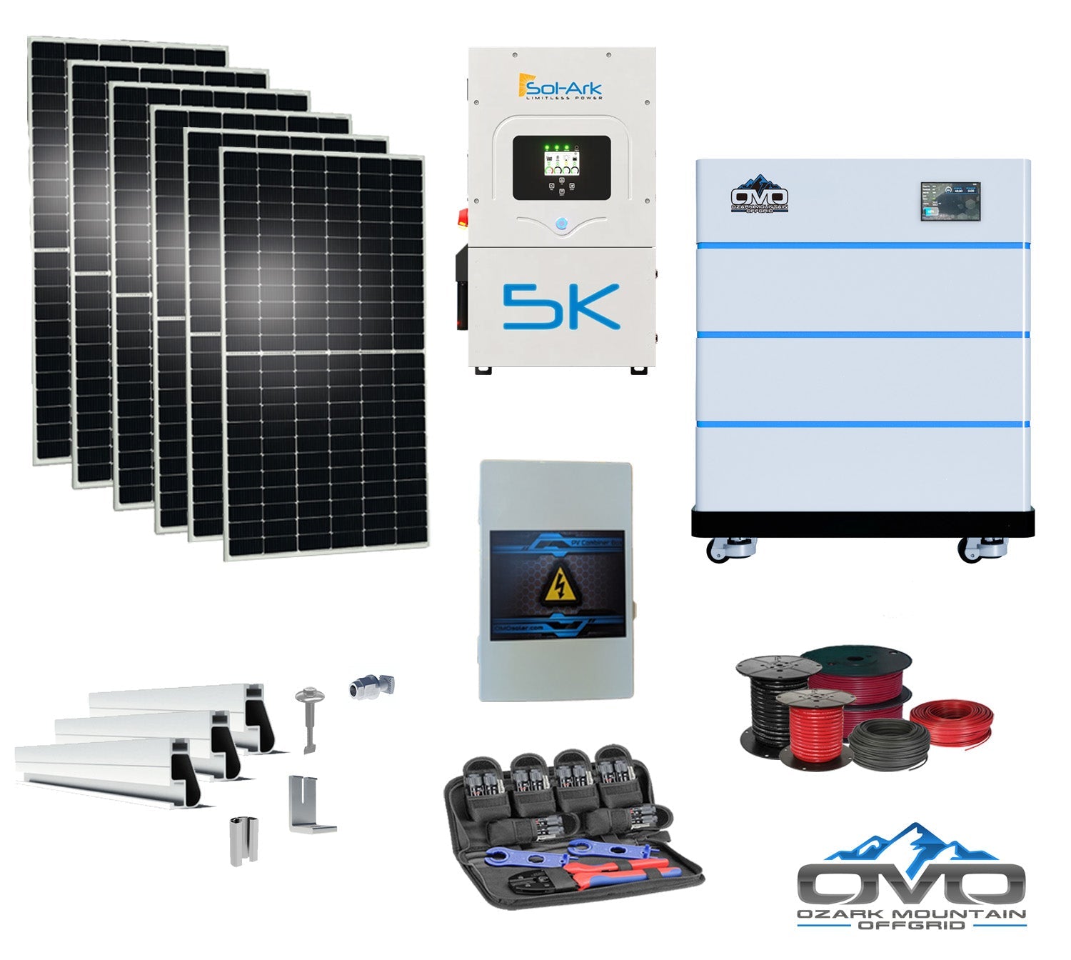 3.3KW Complete Offgrid Solar Kit + 5K Sol-Ark Inverter + 15.36KW OMO Stack Lithium Battery +2.2KW Solar with Mounting Rails and Wiring (SC)