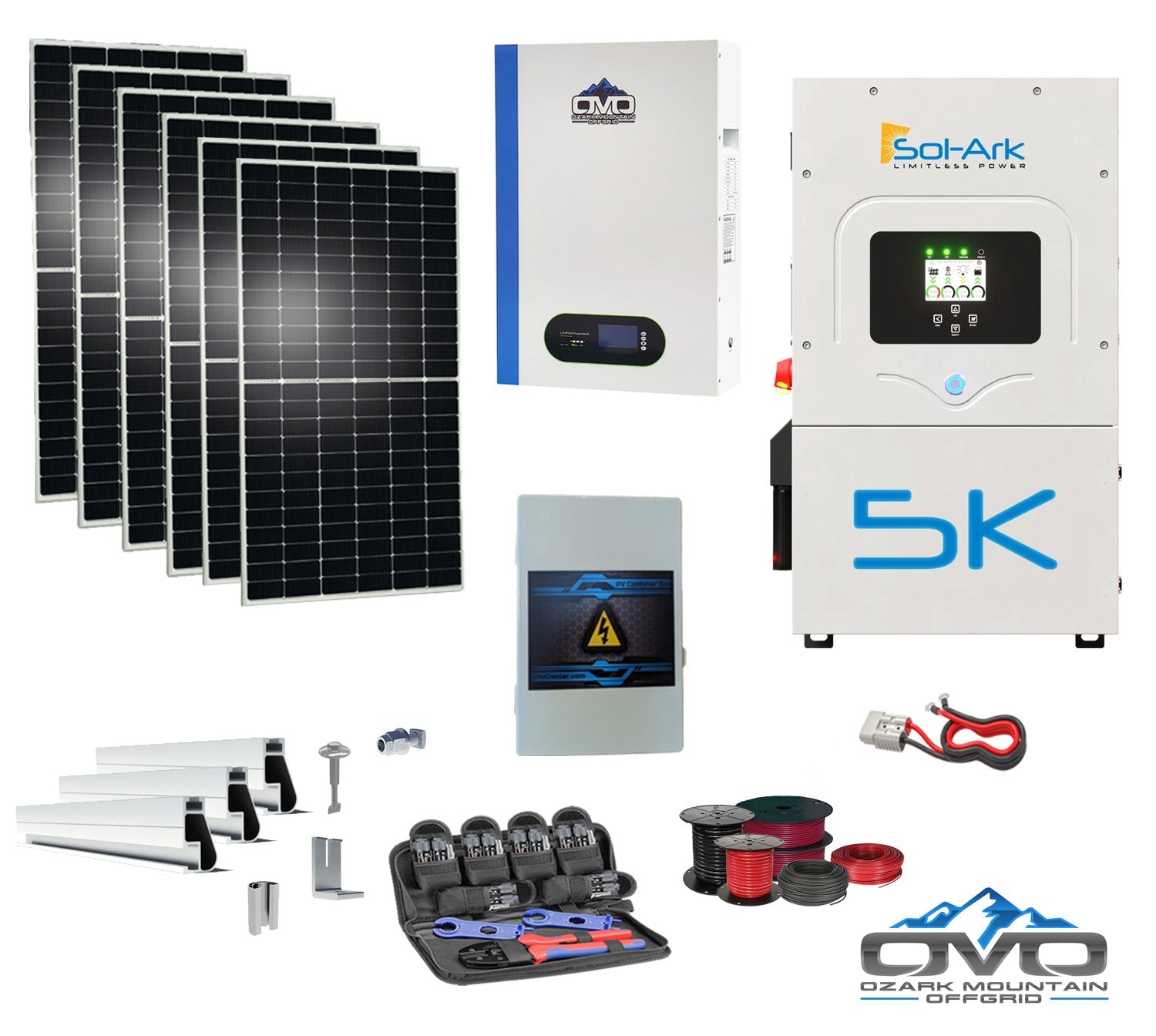 3.3KW Complete Offgrid Solar Kit + 5K Sol-Ark Inverter + 5.12KW OMO 48V Patriot Lithium Battery + 3.3KW Solar with Roof Mounting Rails and Wiring (SC)