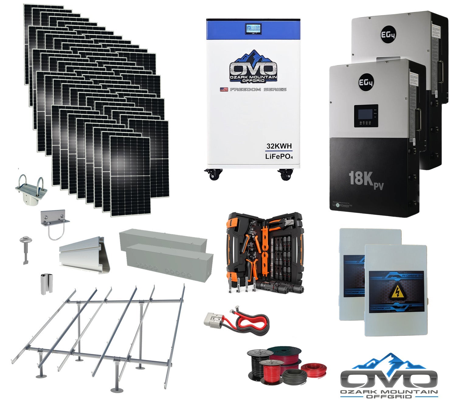 30KW Complete Offgrid Solar Kit + EG4 18kPV + 32KW OMO 48V Freedom Series Lithium Battery + 30.8KW Solar with Ground Mount and Wiring (SC)