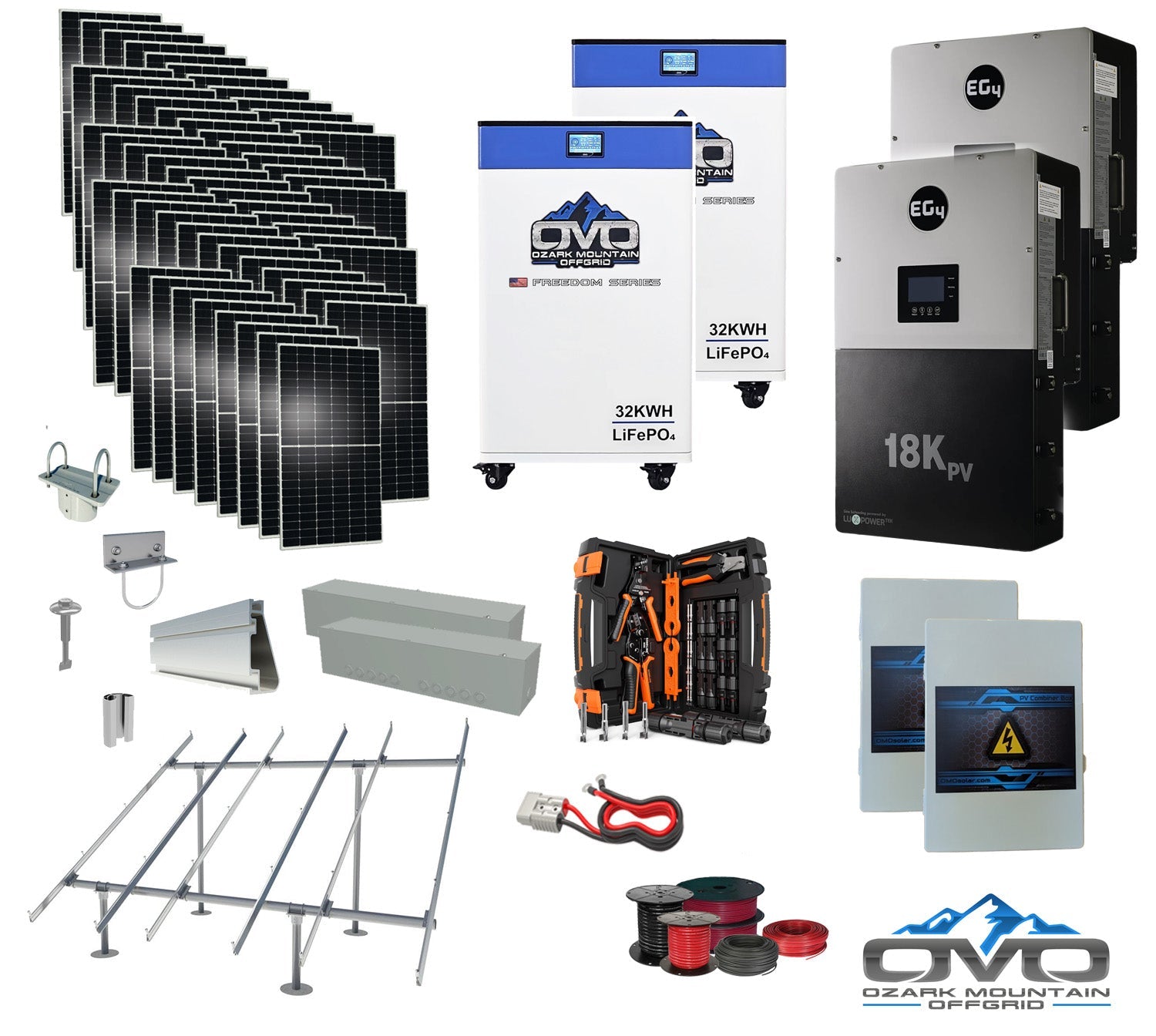 30KW Complete Offgrid Solar Kit + EG4 18kPV + 2x 32KW OMO 48V Freedom Series Lithium Battery + 30.8KW Solar with Ground Mount and Wiring (SC)