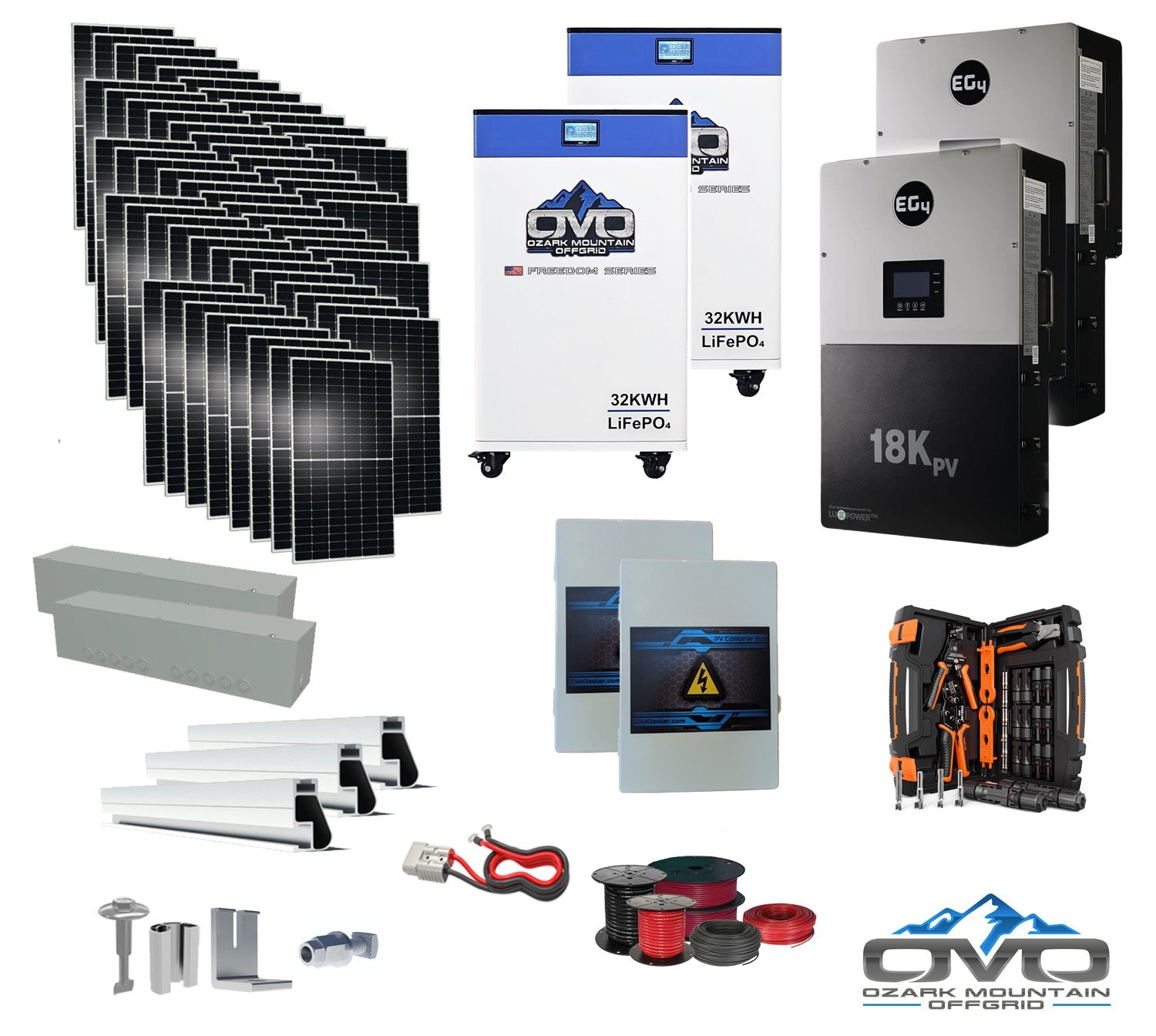 30KW Complete Offgrid Solar Kit + EG4 18kPV + 2x 32KW OMO 48V Freedom Series Lithium Battery + 30.8KW Solar with Roof Mounting Rails and Wiring (SC)