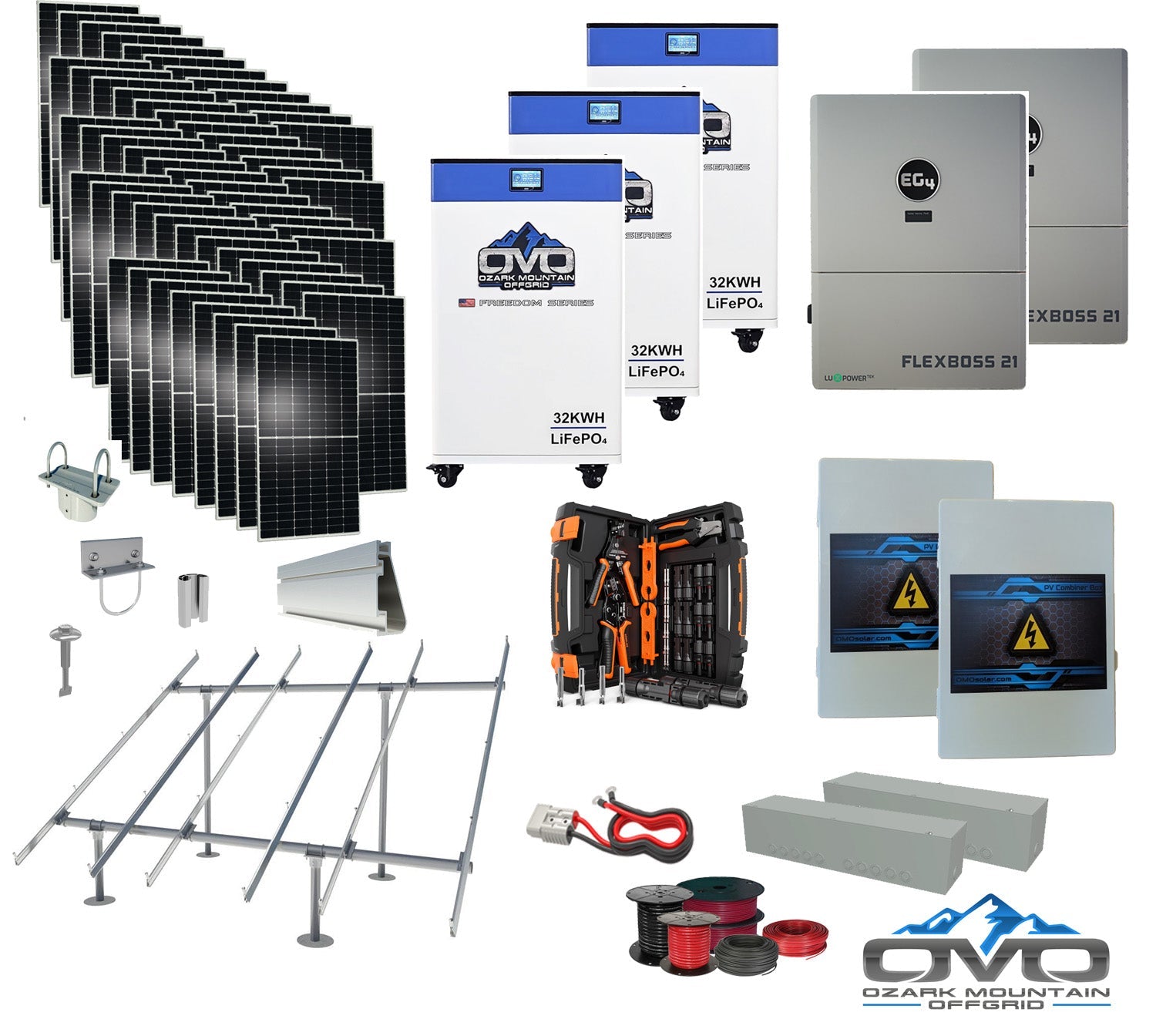 30KW Complete Offgrid Solar Kit + EG4 FlexBOSS21 + 3x 32KW OMO 48V Freedom Series Lithium Battery + 30.8KW Solar with Ground Mount and Wiring (SC)