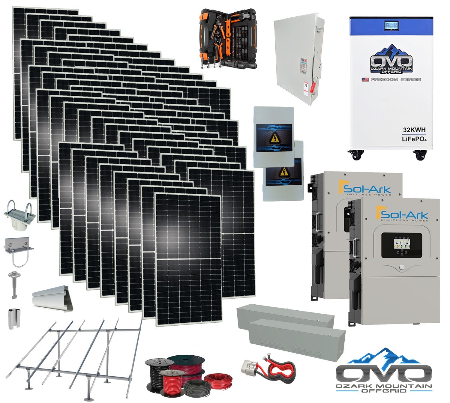 30KW Complete Offgrid Solar Kit + 2x 15K Sol-Ark Inverter + 32kWh OMO 48V Freedom Series Lithium Battery +30.8KW Solar with Ground Mount and Wiring (SC)