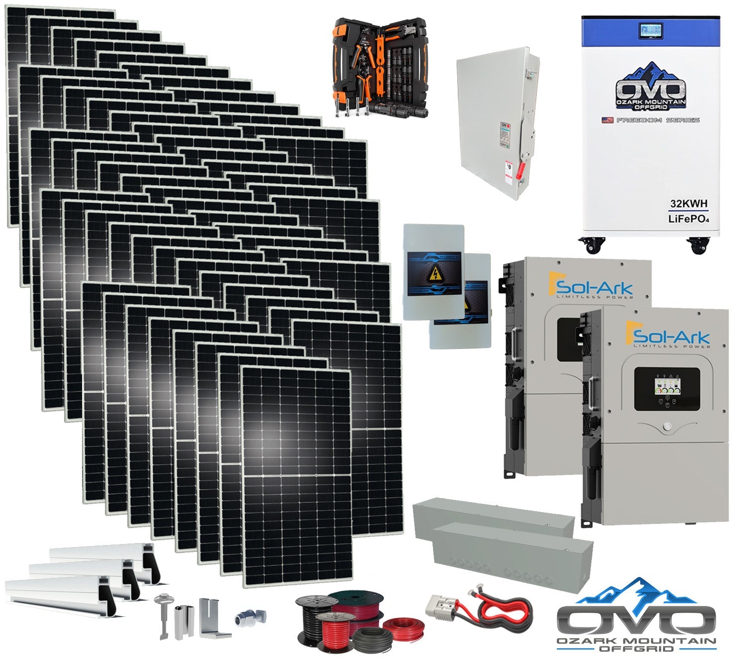 30KW Complete Offgrid Solar Kit + 2x 15K Sol-Ark Inverter + 32kWh OMO 48V Freedom Series Lithium Battery +30.8KW Solar with Roof Mount and Wiring (SC)
